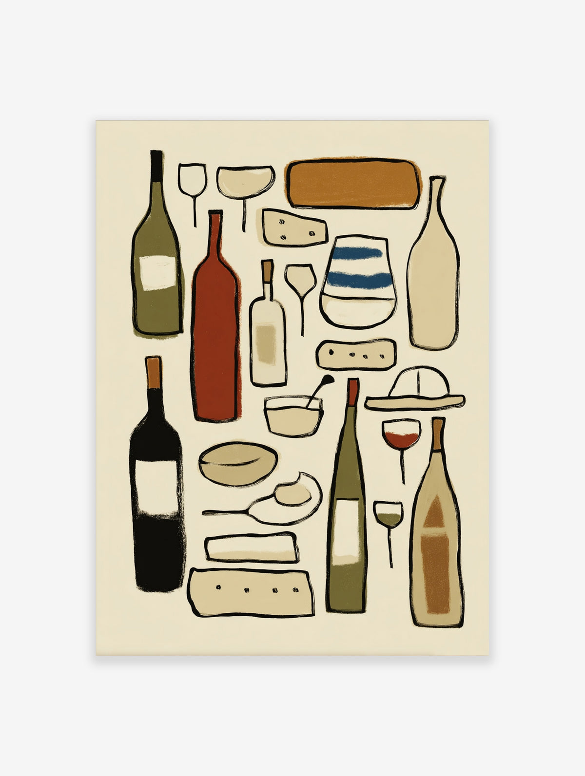 Wine and cheese wall art print with illustrated bottles, wedges and glasses on cream background
