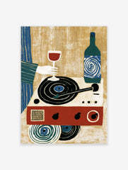 Illustration of a hand holding a wine glass over a record player with a wine bottle and vinyl records, retro art style