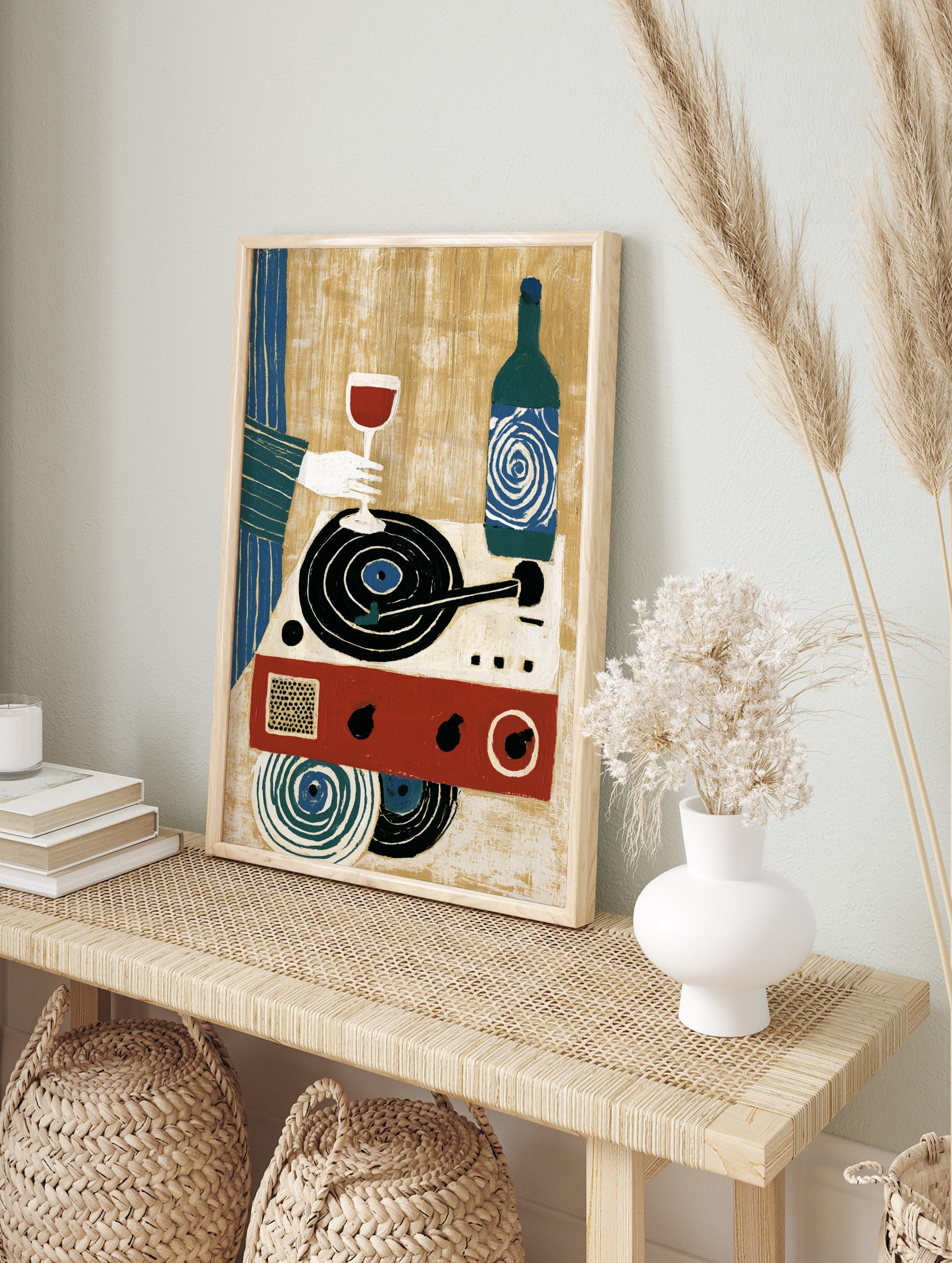 Illustration of a hand holding a wine glass over a record player with a wine bottle and vinyl, in an alternate framed mockup