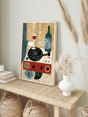 Illustration of a hand holding a wine glass over a record player with a wine bottle and vinyl, in an alternate framed mockup