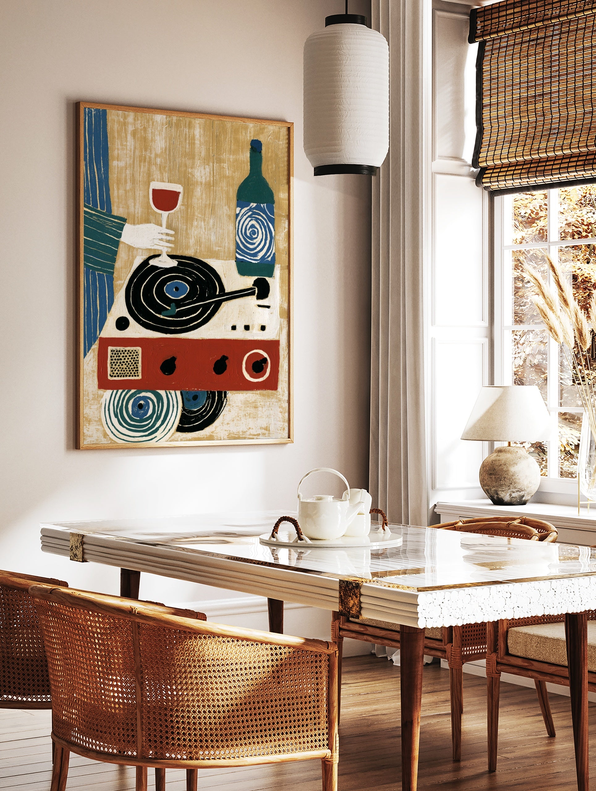 Illustration of a hand holding a wine glass over a record player with a wine bottle and vinyl, in a styled room mockup