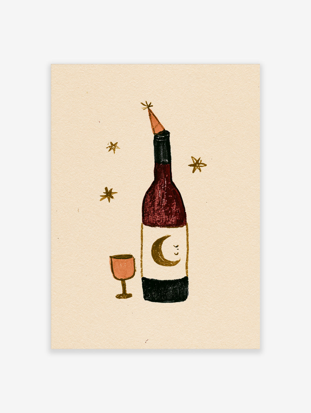 Wine bottle and glass poster with party hat, crescent moon face, and gold stars on beige background