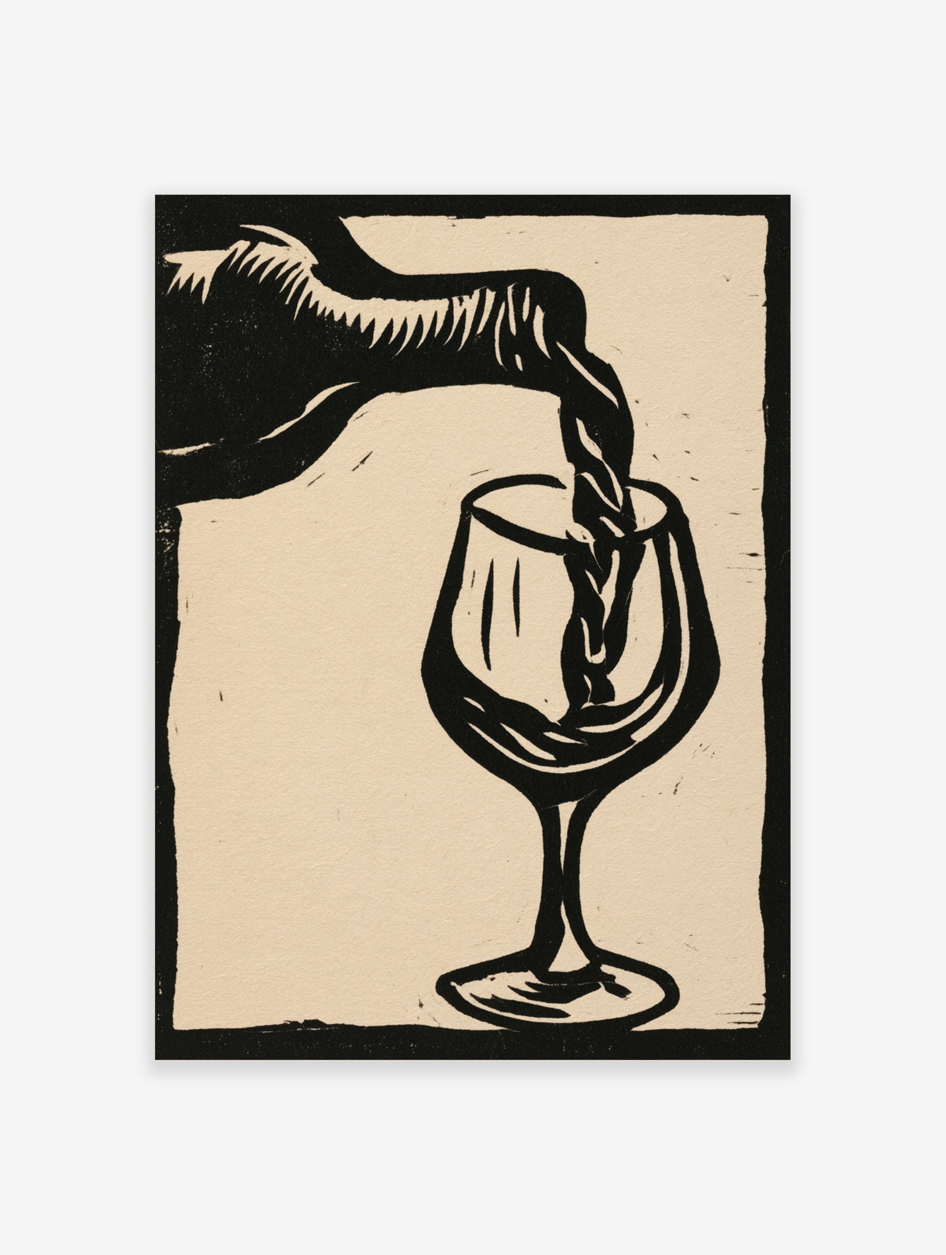 Linocut style black and white wall art of wine pouring into a glass on a neutral background