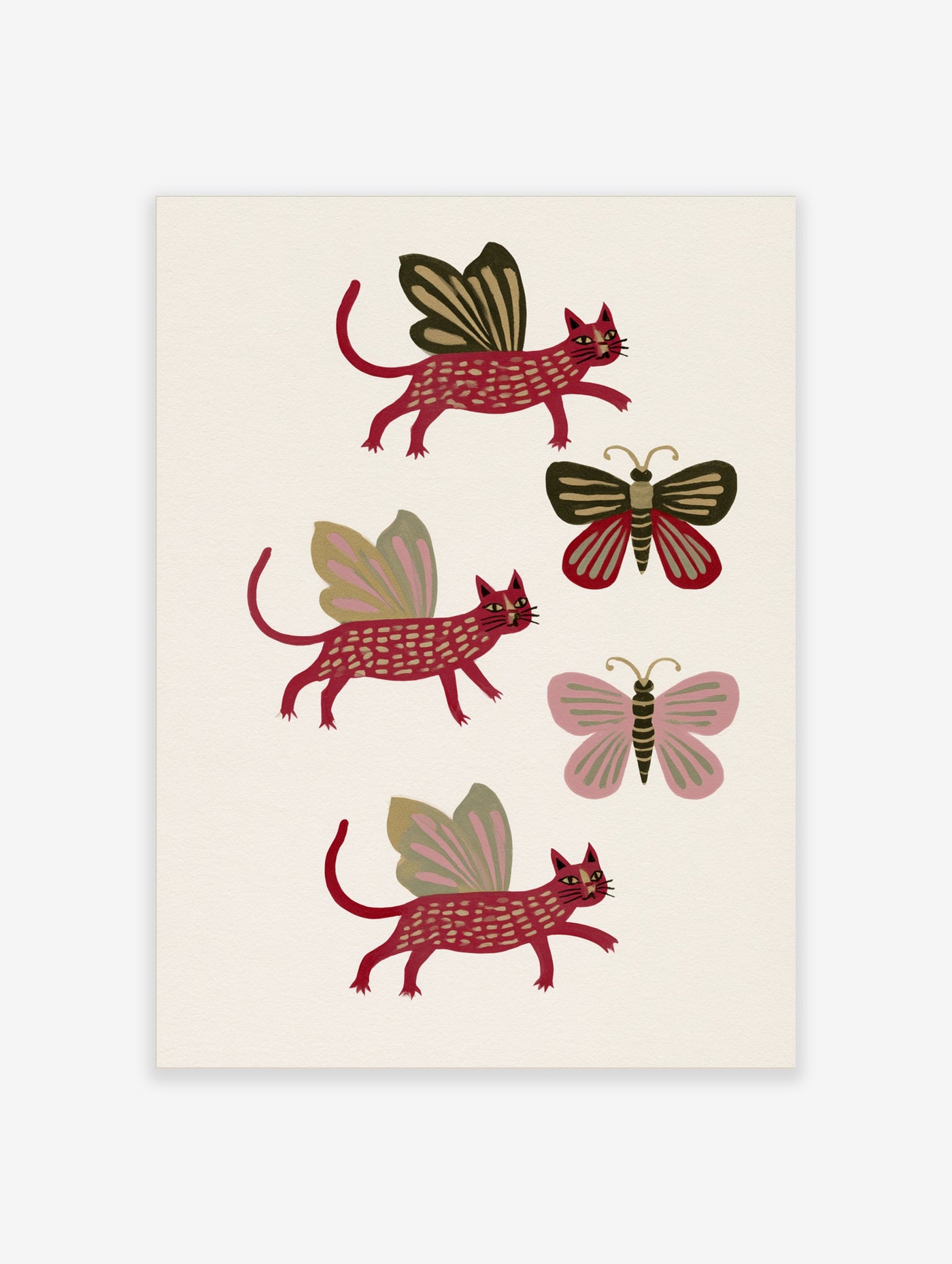 Red cats with butterfly wings and butterflies, illustrative wall art on cream background