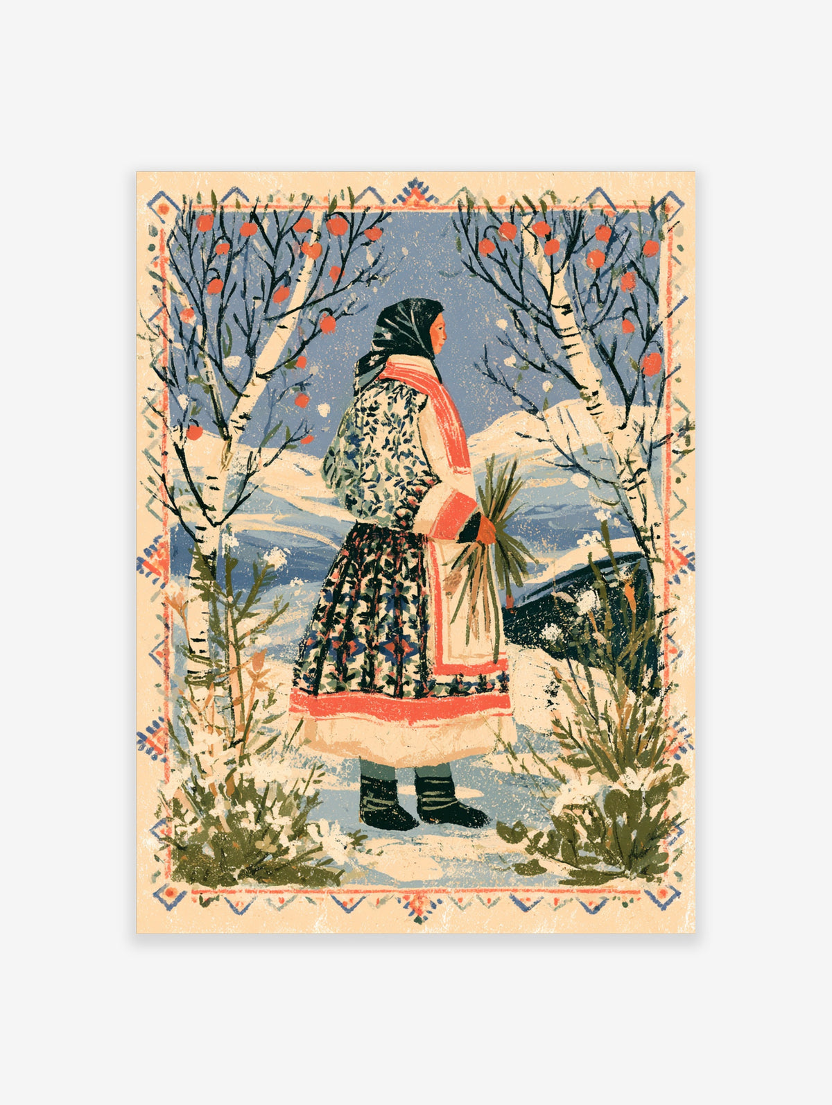 Folk art winter poster of a woman in patterned dress and red scarf between birch trees with red fruit