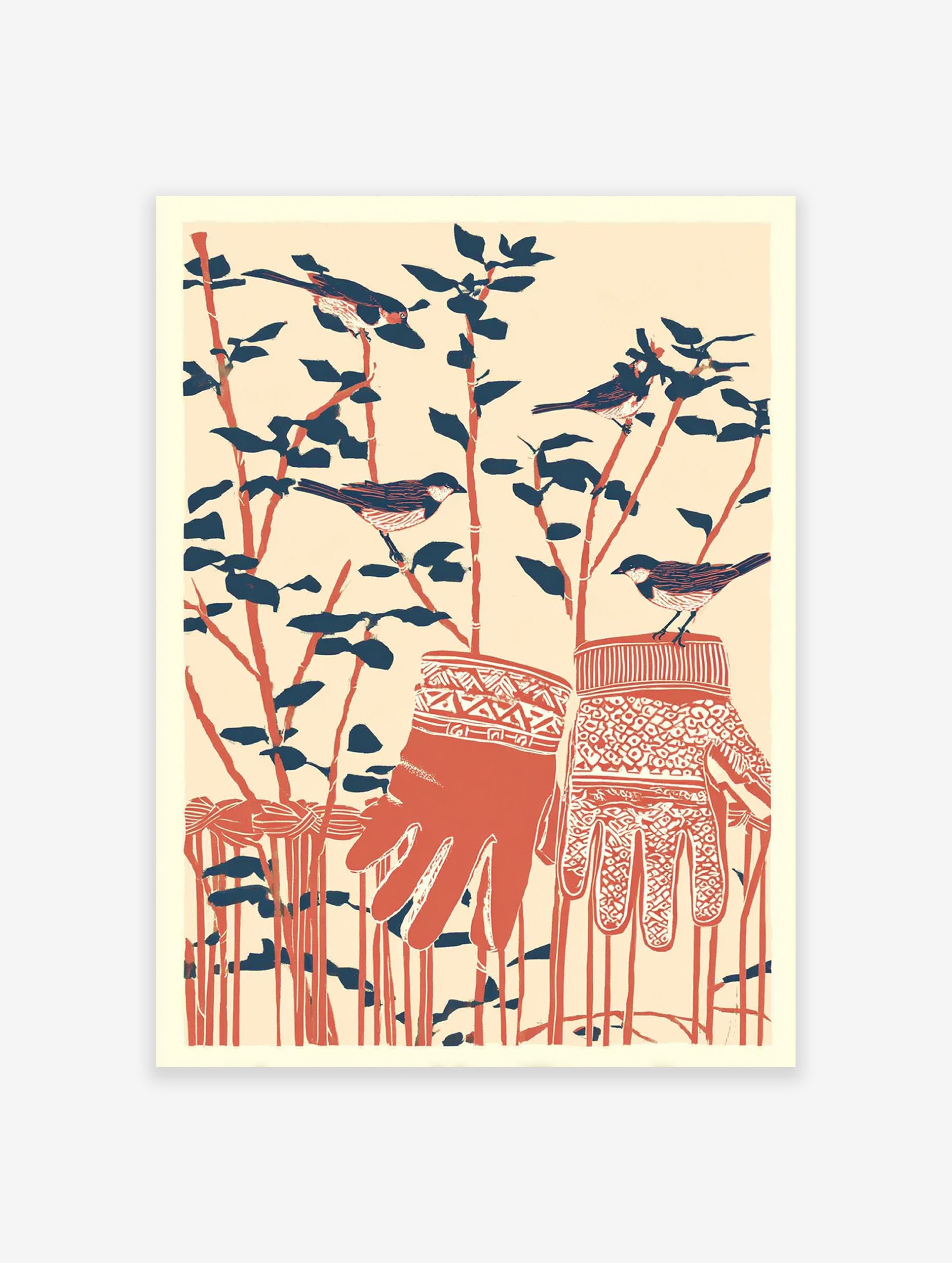 Illustrative winter birds wall art with sparrows on branches and patterned red mittens against a light background.