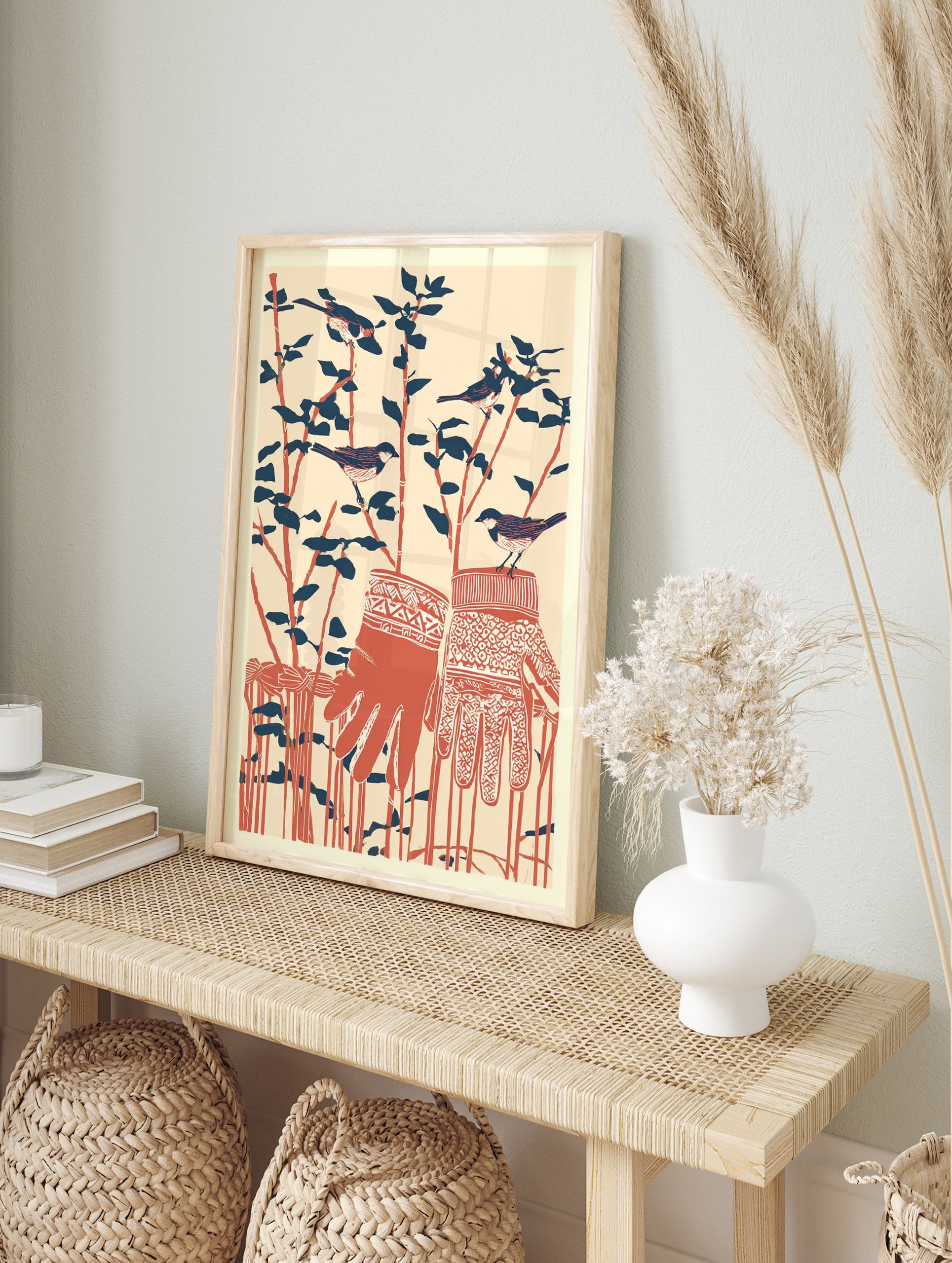 Illustrative winter birds wall art with sparrows on branches and patterned red mittens against a light background. - Image 3