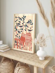 Illustrative winter birds wall art with sparrows on branches and patterned red mittens against a light background. - Image 3