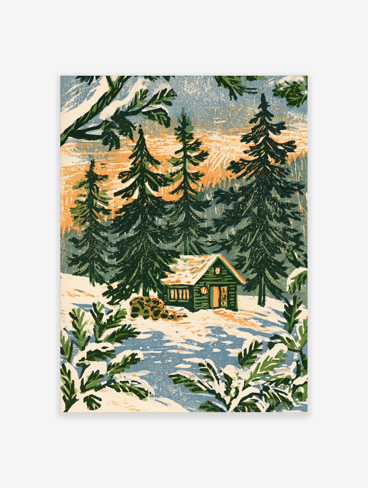 Winter cabin in snowy forest with pine trees and orange sky, unframed paper poster