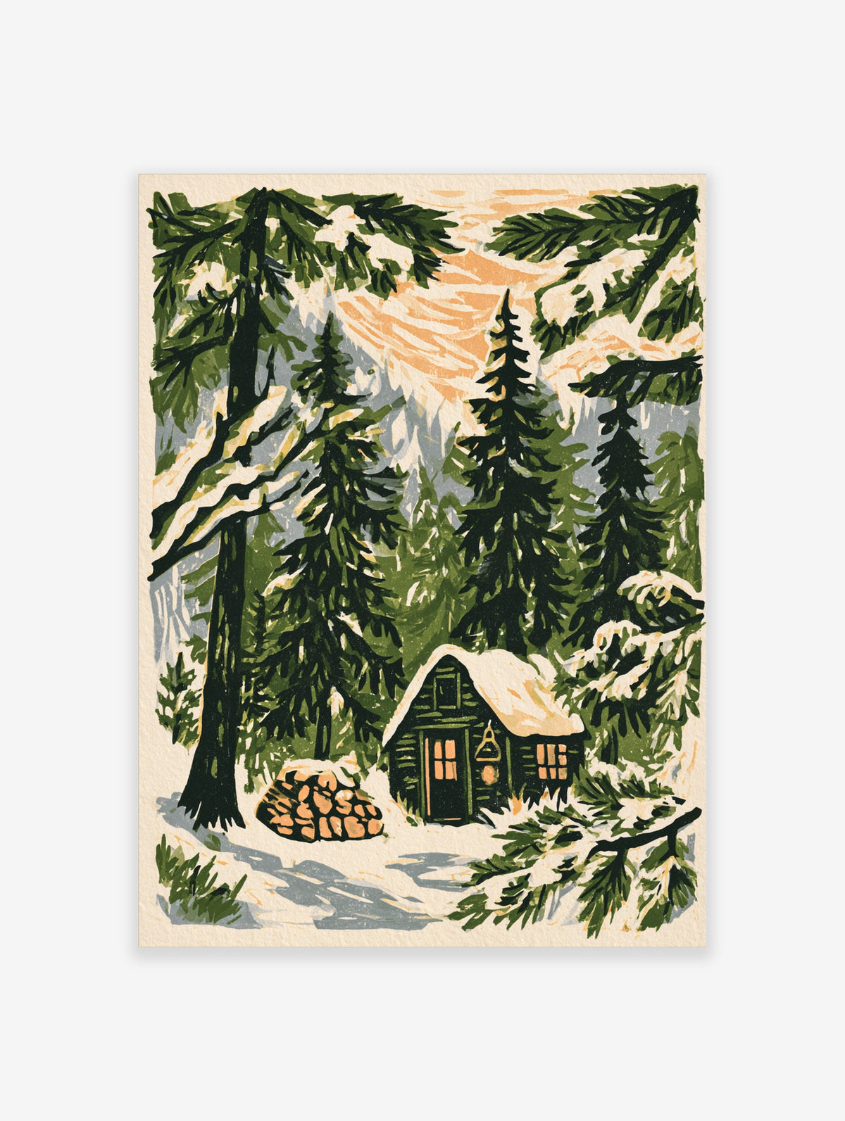 Winter cabin art print with snowy pine forest and orange sunset, portrait format