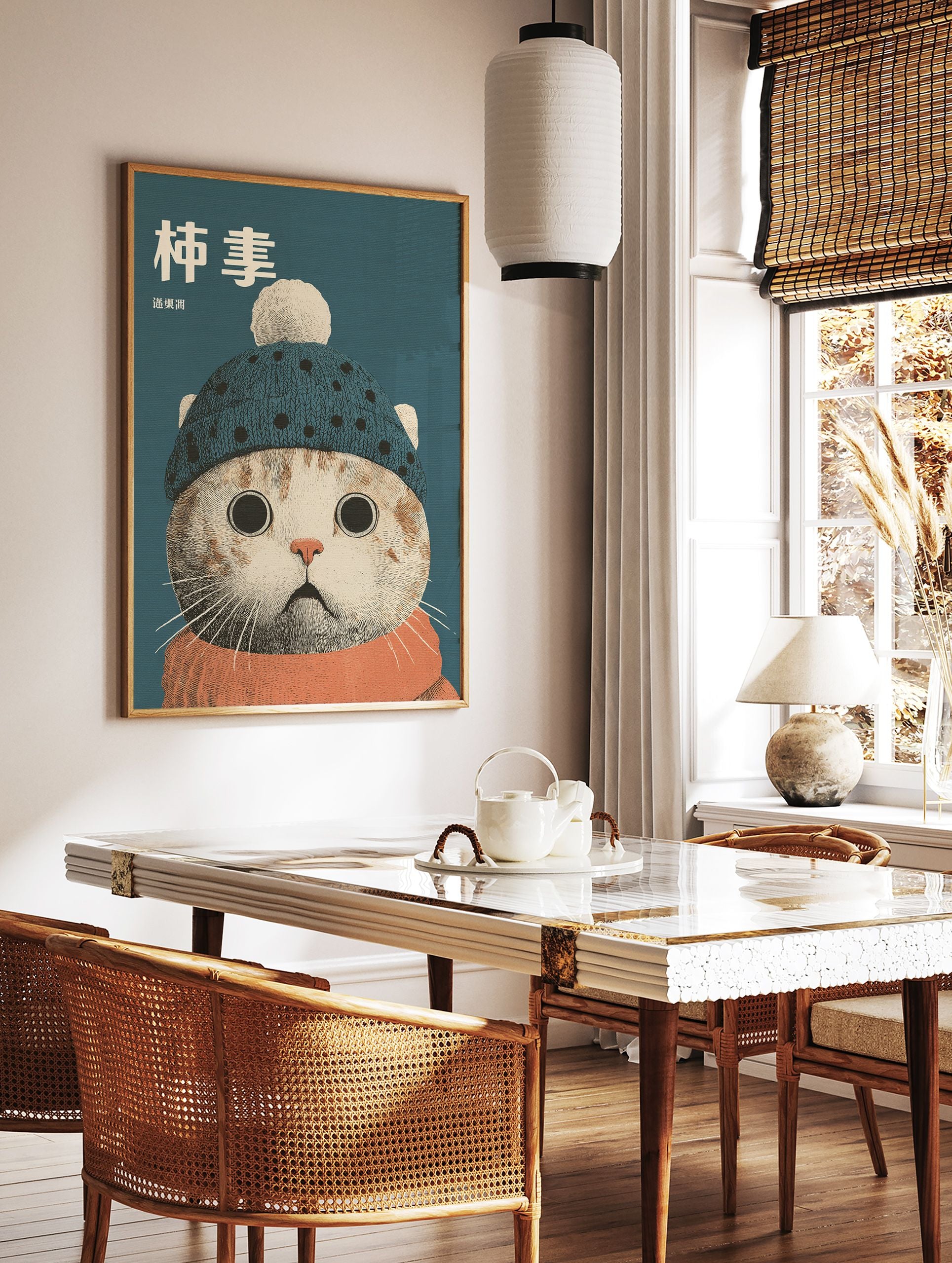 Illustrative Cat Wall Art print featuring a cat wearing a blue knitted hat with a pom-pom and an orange scarf on a teal background. - Image 2