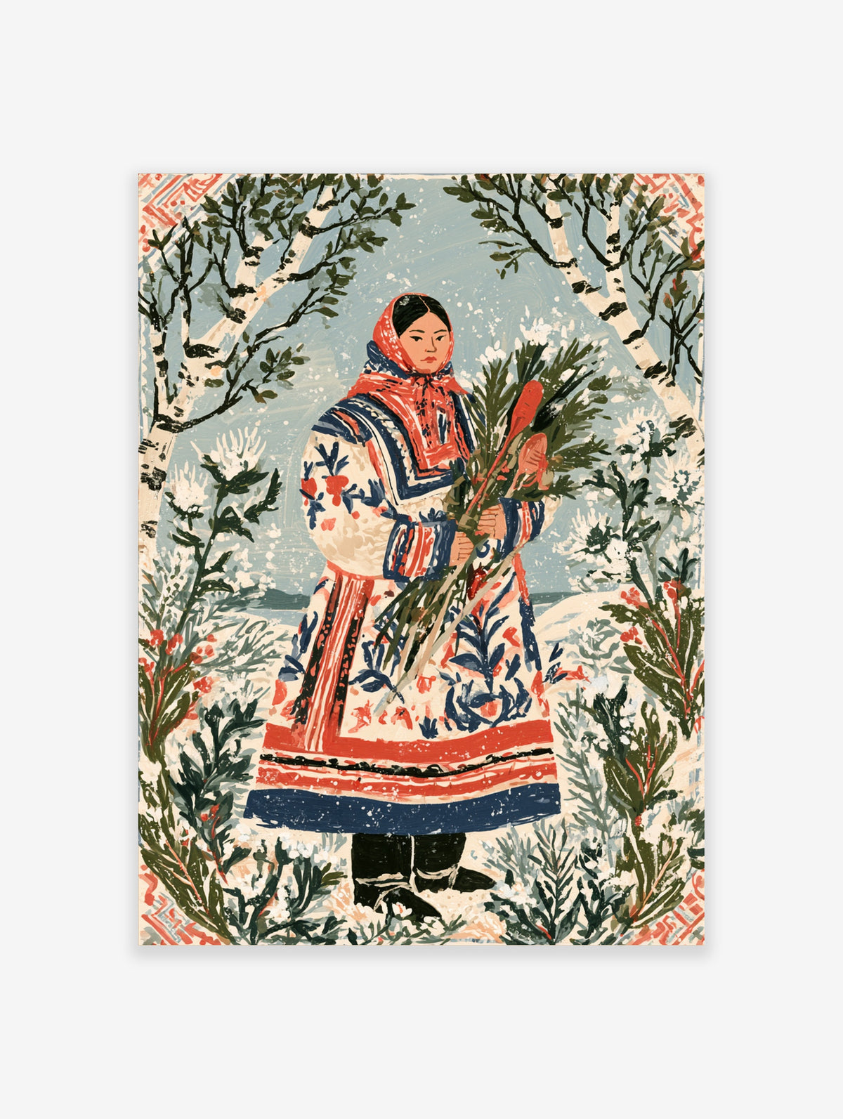 Folk art print of a woman in red headscarf holding birch branches among snow-covered trees