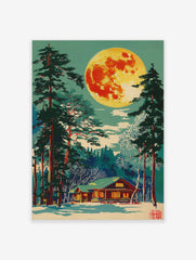 Illustrative print of a vibrant full moon over a snow-covered log cabin and tall pine trees at night