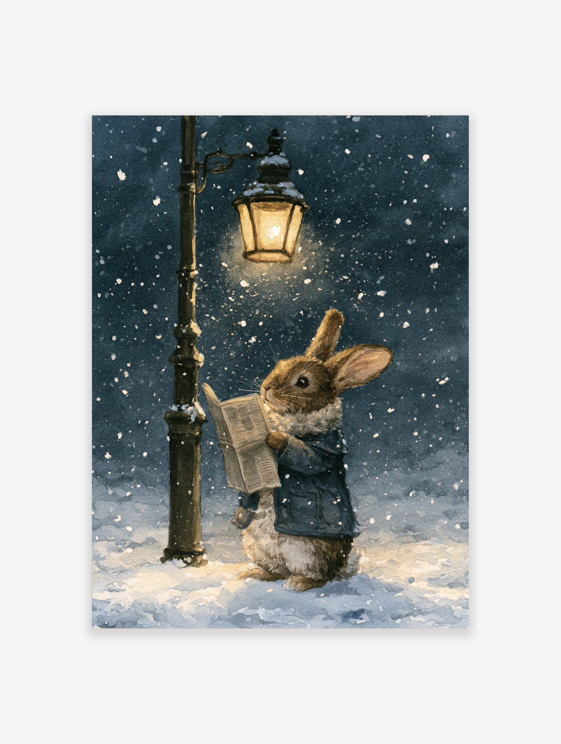 Watercolor illustration of a brown rabbit in a blue coat reading a newspaper under a lit streetlamp during a snowfall