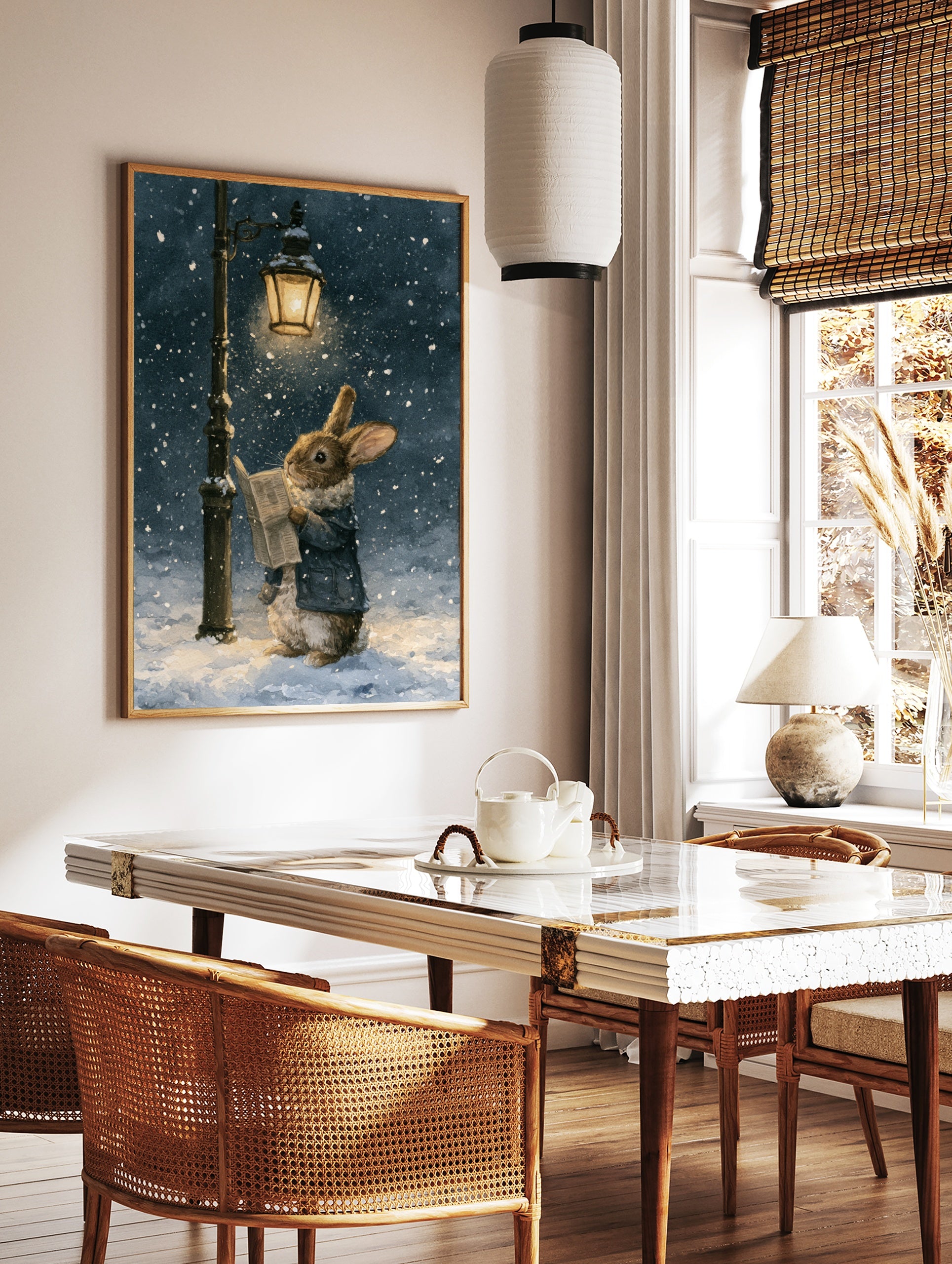 Watercolor illustration of a brown rabbit in a blue coat reading a newspaper under a lit streetlamp, in a styled room mockup