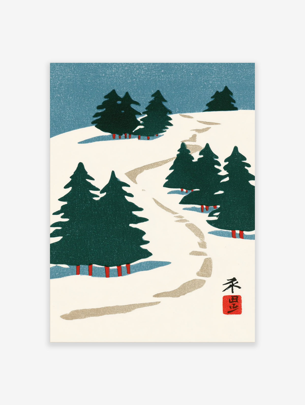 Japanese woodblock print of a snowy forest path with dark pine trees, red trunks, and blue sky
