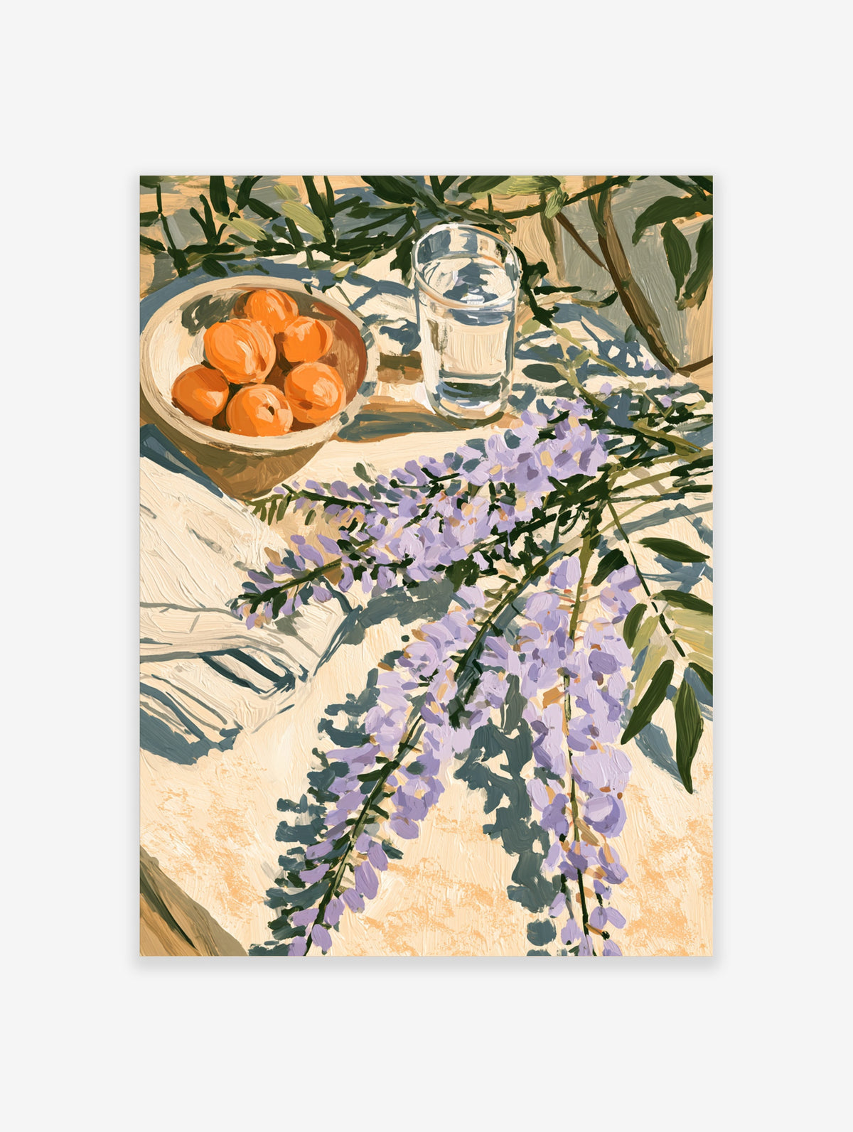 Wisteria and apricots still life art print with glass of water and painted shadows on cream tablecloth