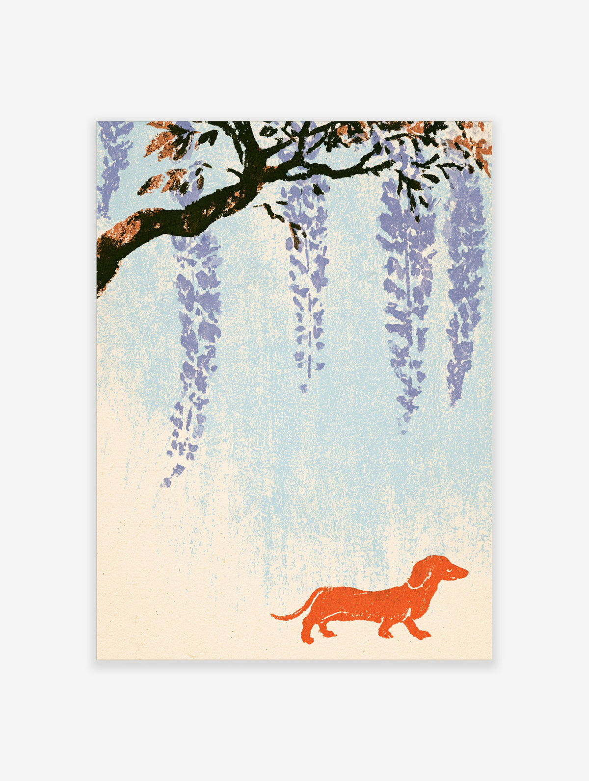 Wisteria branches and red dachshund on textured blue background art print