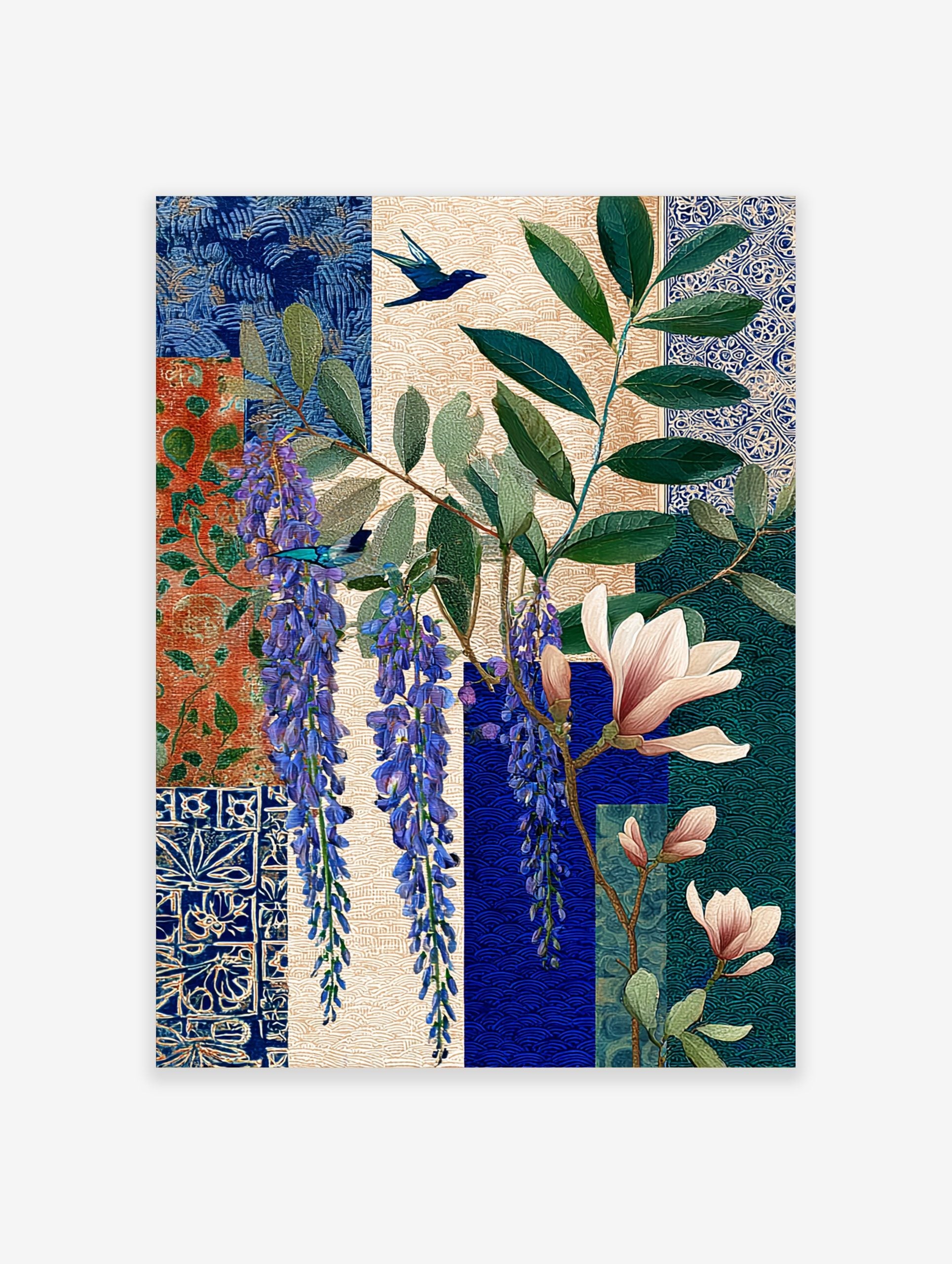 Botanical art print with purple wisteria, pink magnolia, green leaves, and two blue birds on a patterned patchwork