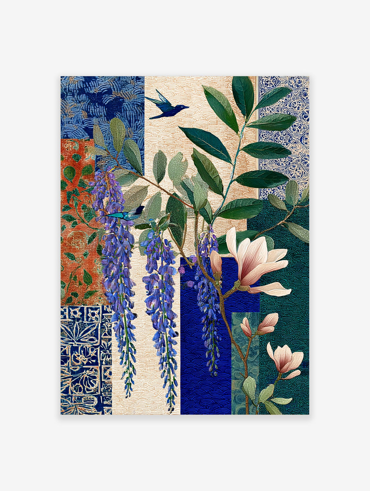 Botanical art print with purple wisteria, pink magnolia, green leaves, and two blue birds on a patterned patchwork