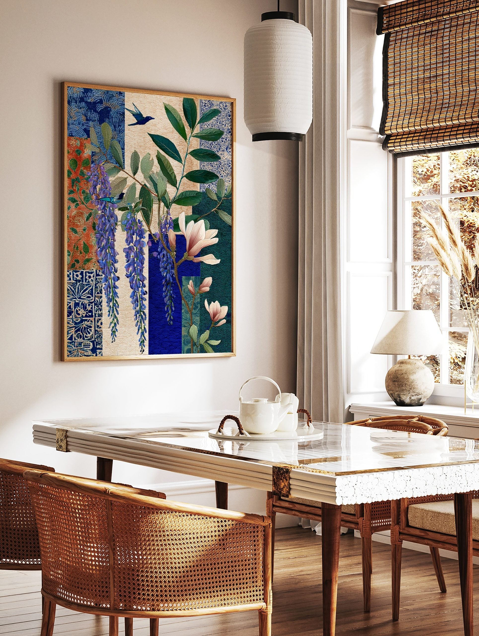 Botanical art print with purple wisteria, pink magnolia, green leaves, and two blue birds on a, in a styled room mockup