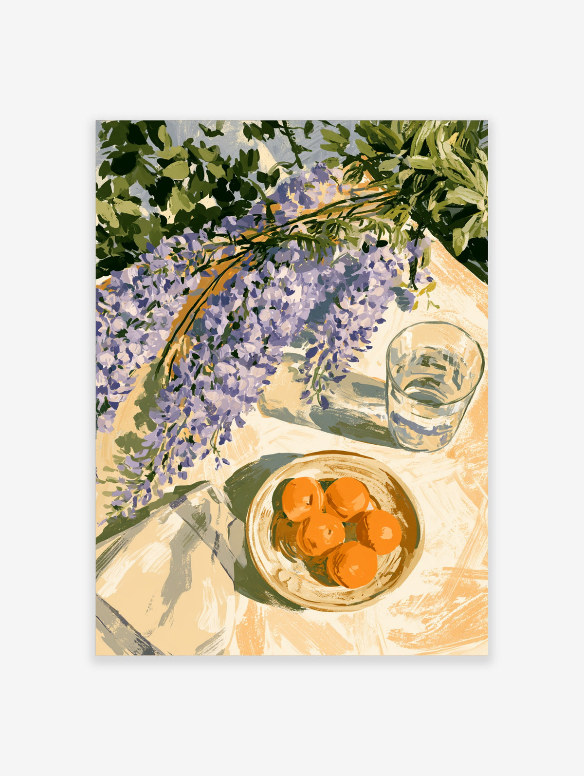 Purple wisteria still life with oranges and glass of water on a table, colourful botanical poster
