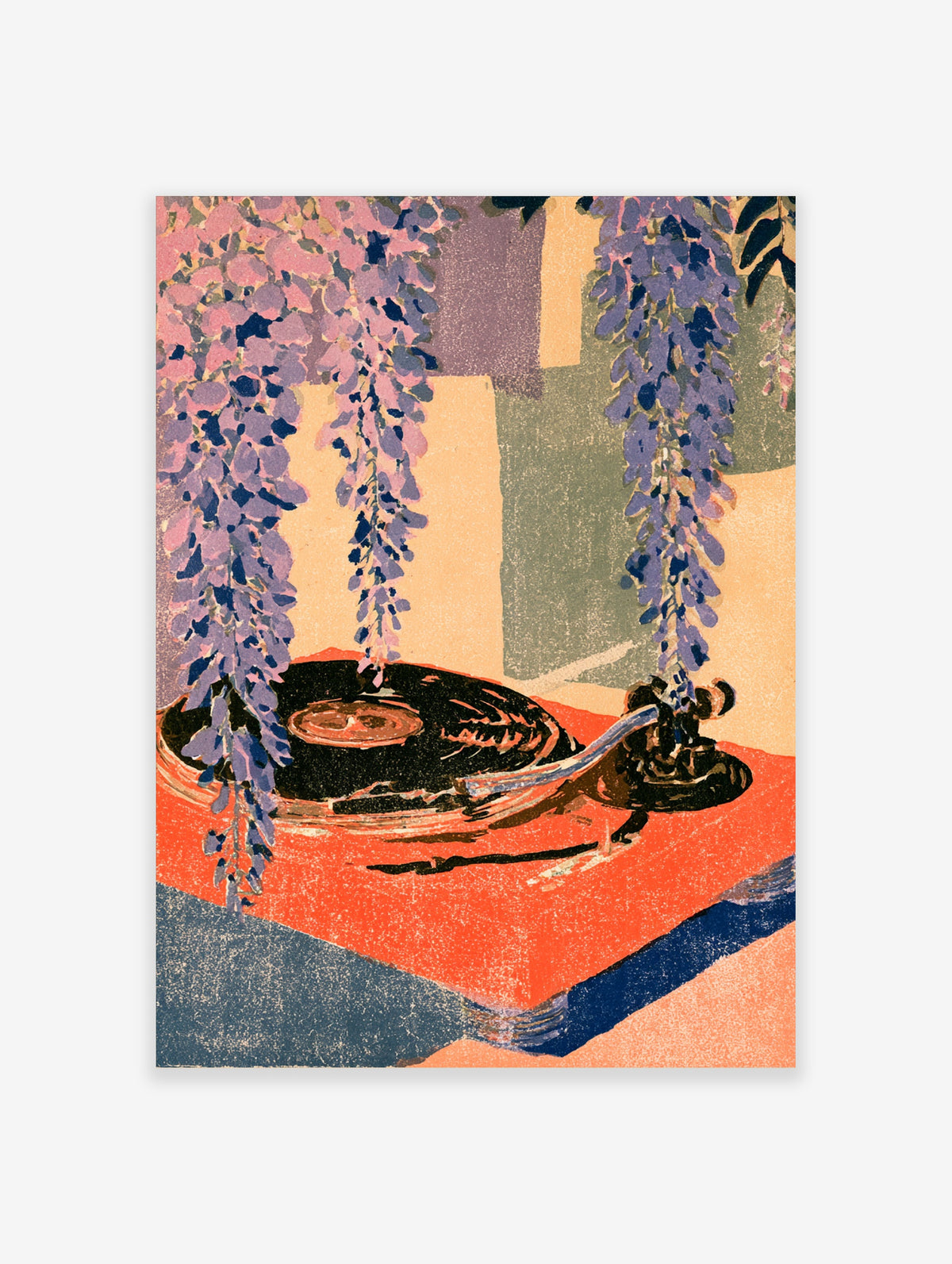 Purple wisteria flowers over a black record player on an orange table, colourful flat illustration