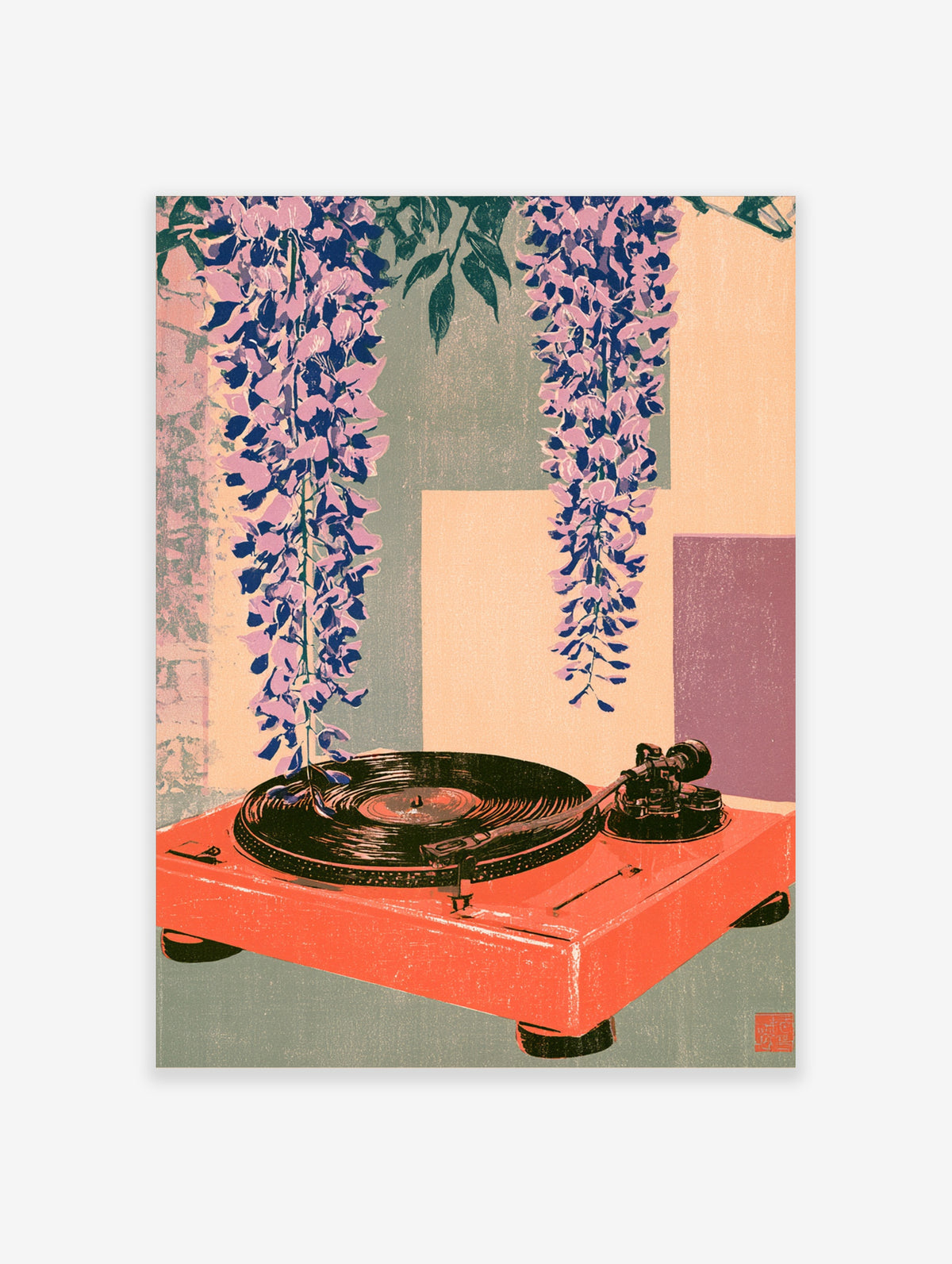 Wisteria flowers hanging over an orange turntable in a retro music poster with geometric background