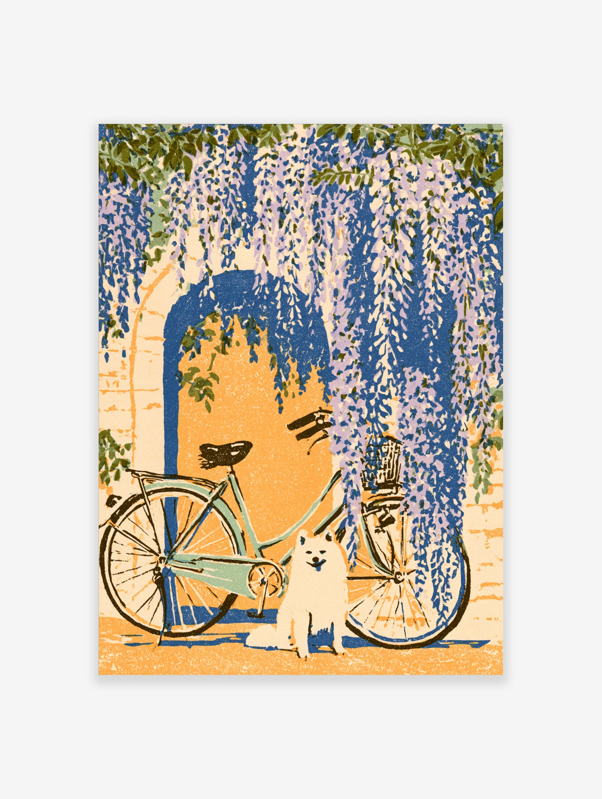 Wisteria and bicycle poster with white dog under blue archway and yellow wall