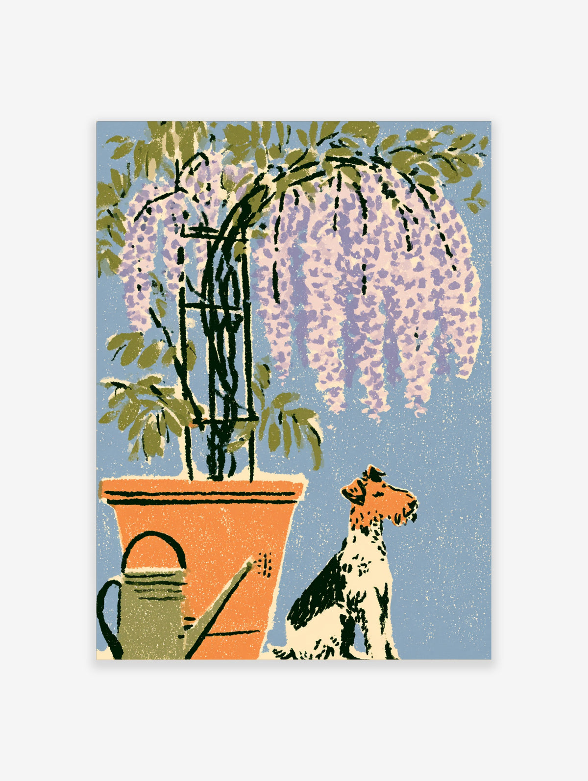 Wisteria and terrier art print with purple blossom, orange pot, watering can, and seated dog on blue background
