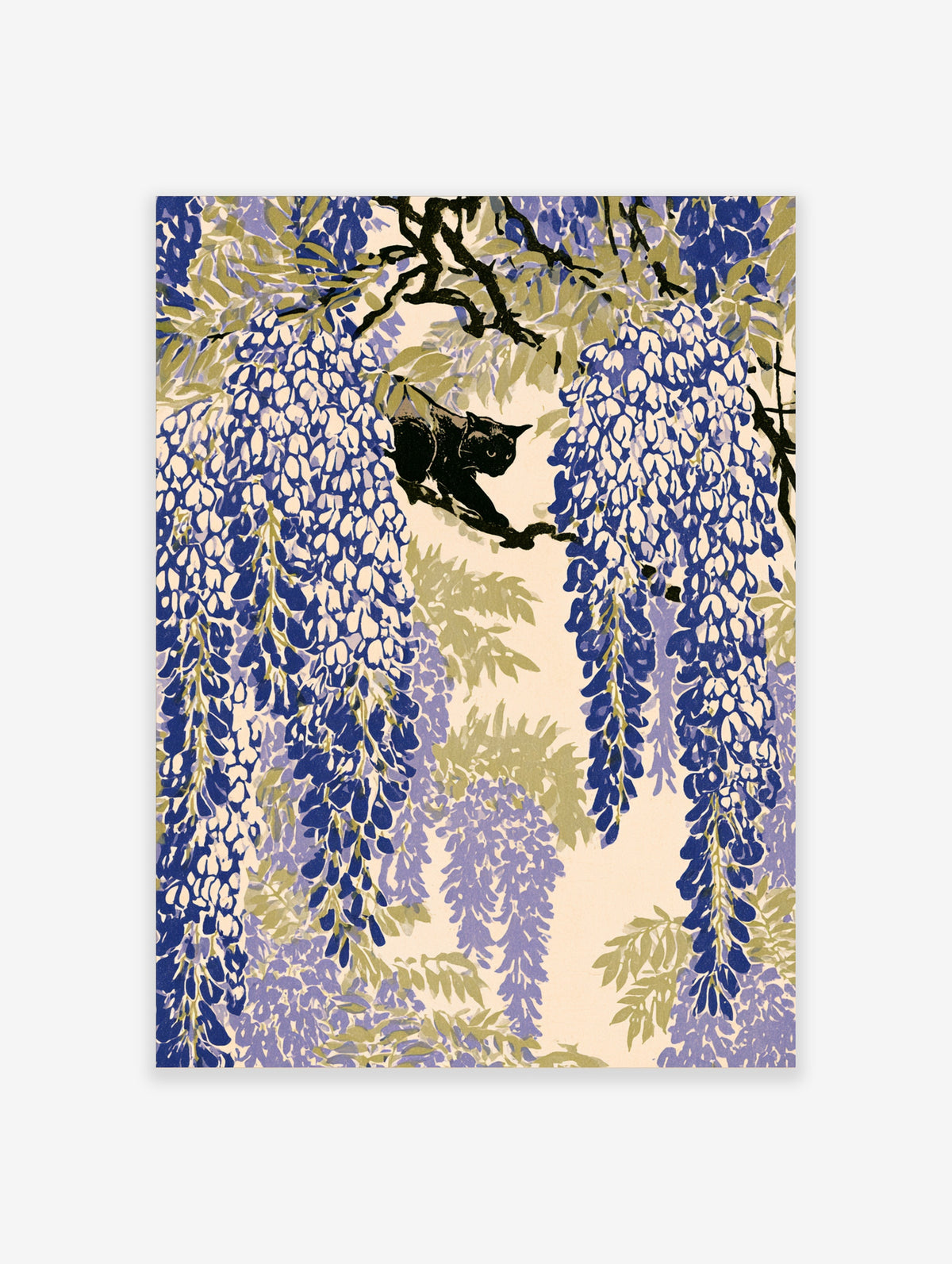 Black cat climbing blue wisteria branches Japanese style art print