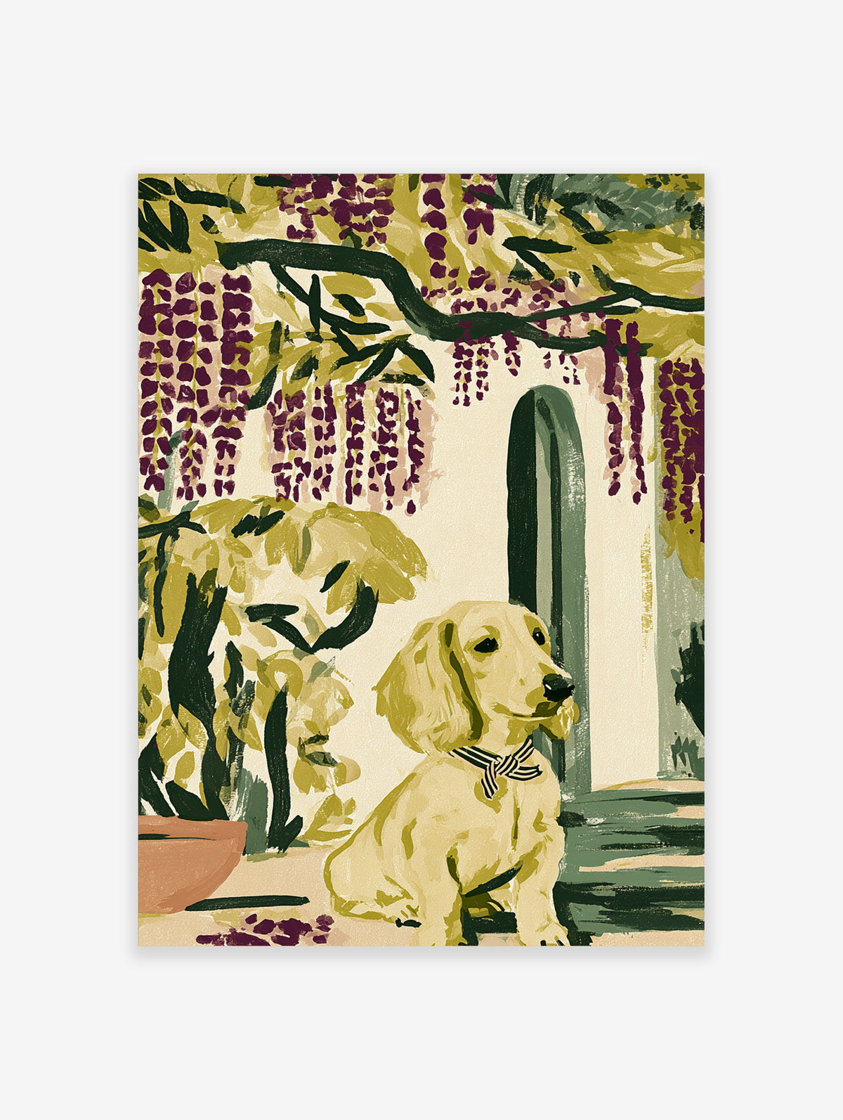 Cream cockapoo with striped bow sitting under purple wisteria and green leaves in a garden illustration