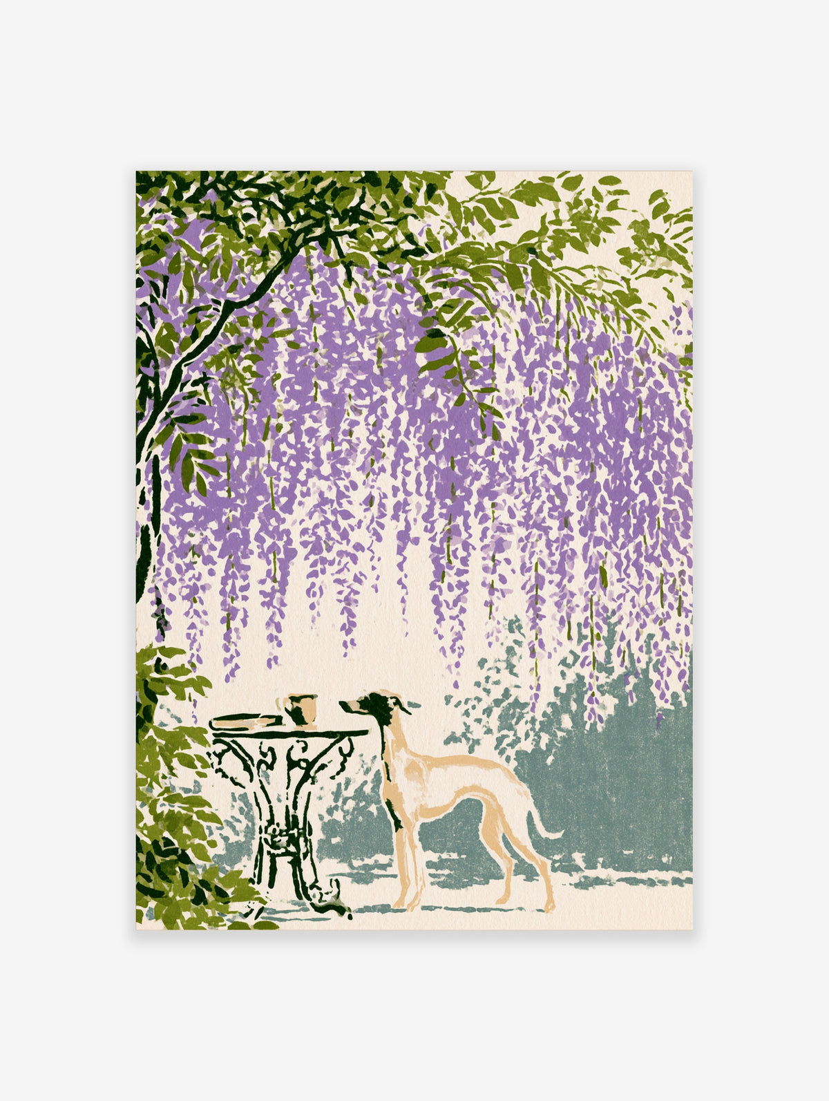 Whippet dog beside black garden table under purple wisteria and green leaves, flat illustrative art print