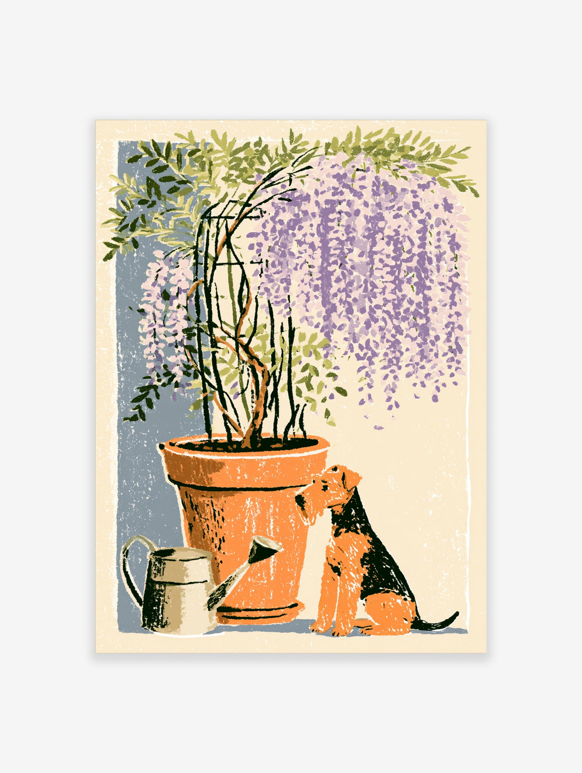 Wisteria in terracotta pot with dog, watering can and trowel, blue and purple art print