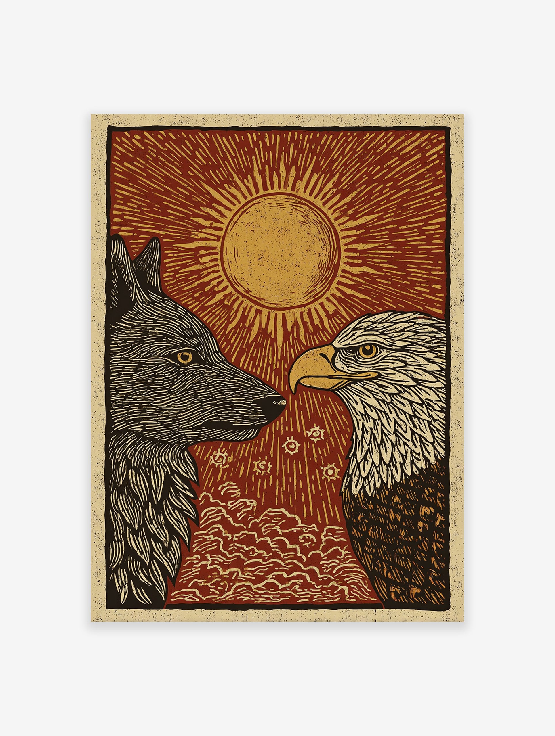 Wolf and Eagle poster with a red sun background and golden rays, featuring a black wolf and white-headed eagle.