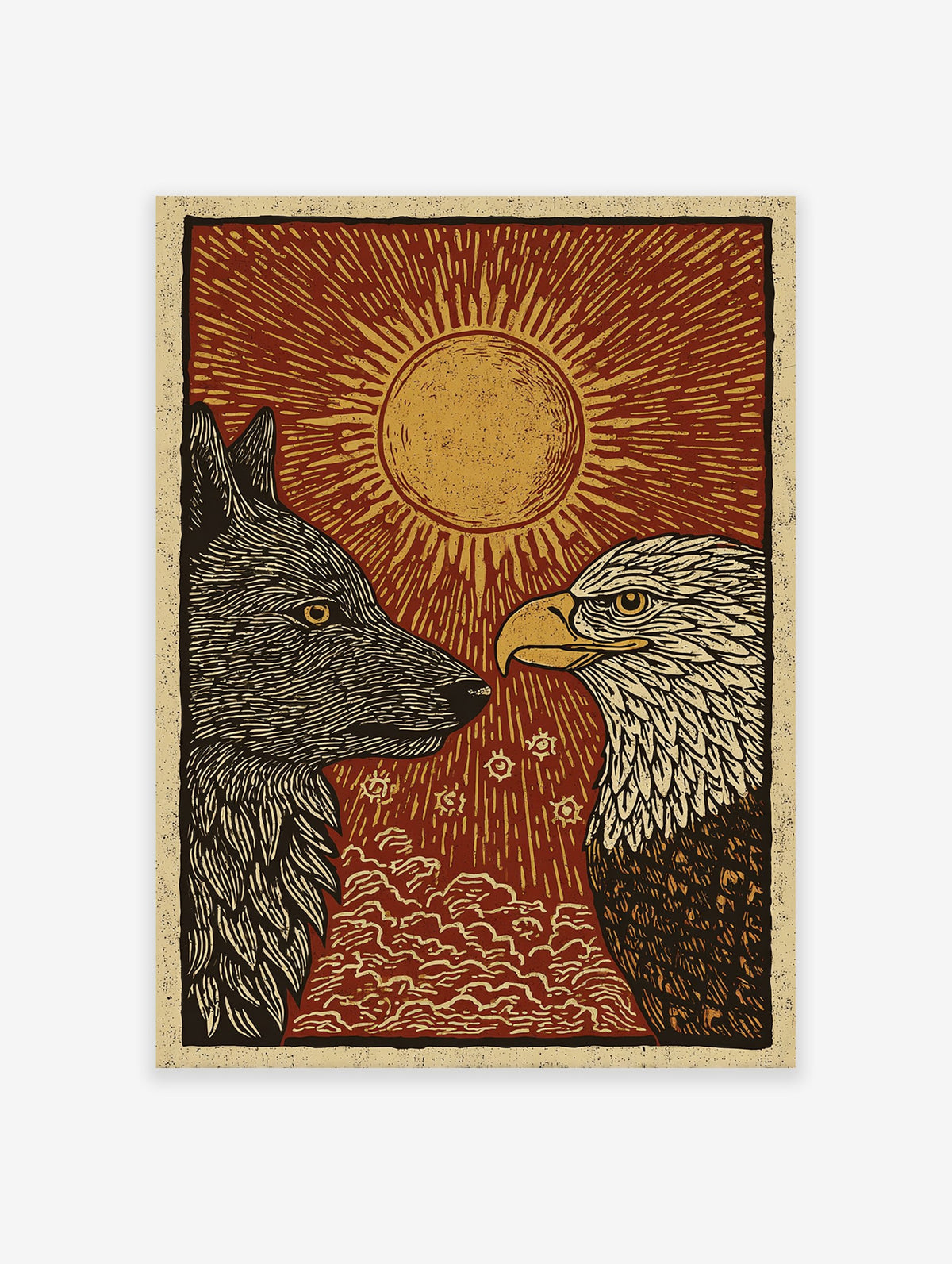Wolf and Eagle poster with a red sun background and golden rays, featuring a black wolf and white-headed eagle.
