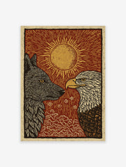 Wolf and Eagle poster with a red sun background and golden rays, featuring a black wolf and white-headed eagle.
