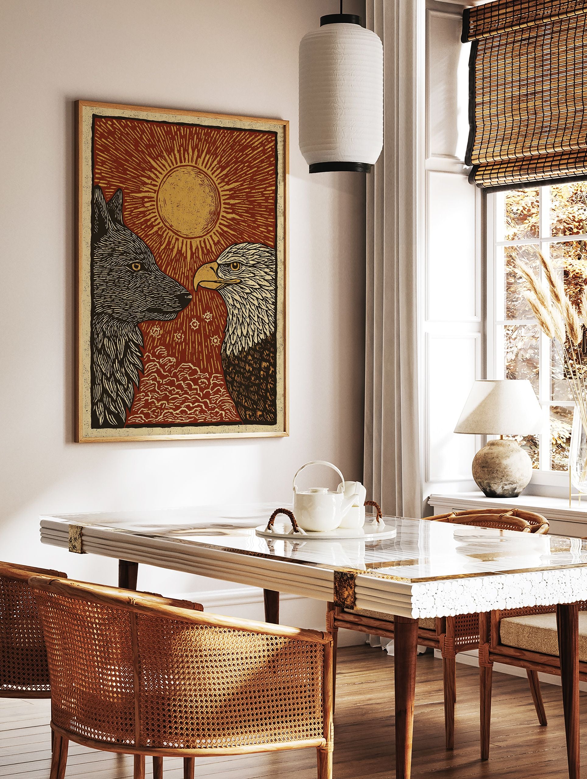 Wolf and Eagle poster with a red sun background and golden rays, featuring a black wolf and white-headed eagle. - Image 2