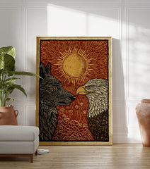 Wolf and Eagle poster with a red sun background and golden rays, featuring a black wolf and white-headed eagle. - Image 3