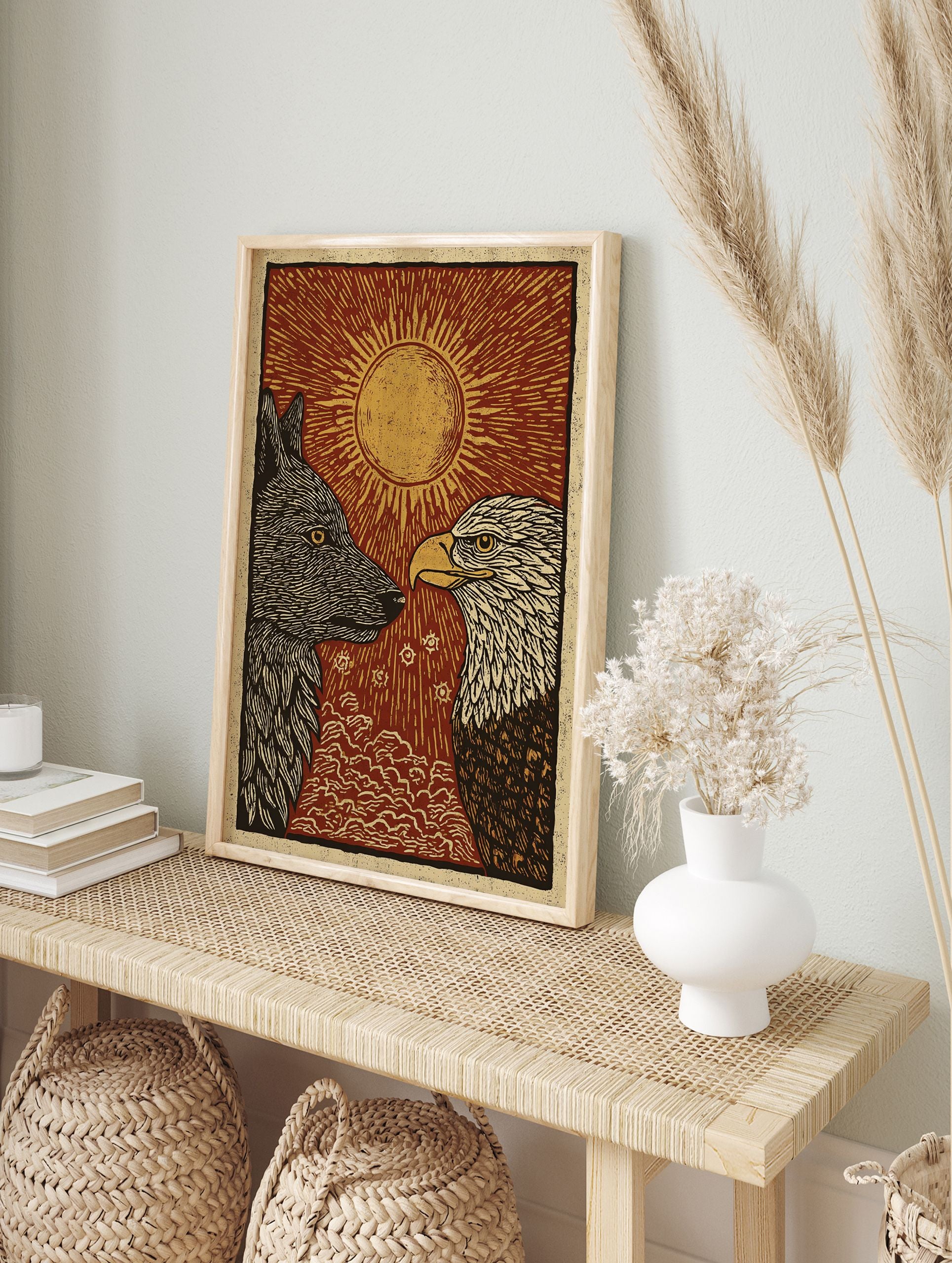 Wolf and Eagle poster with a red sun background and golden rays, featuring a black wolf and white-headed eagle. - Image 4