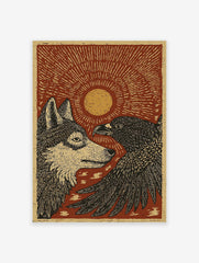 Wolf and Eagle poster with a sun in a rustic woodcut illustration style, featuring earthy red, gold, and black.