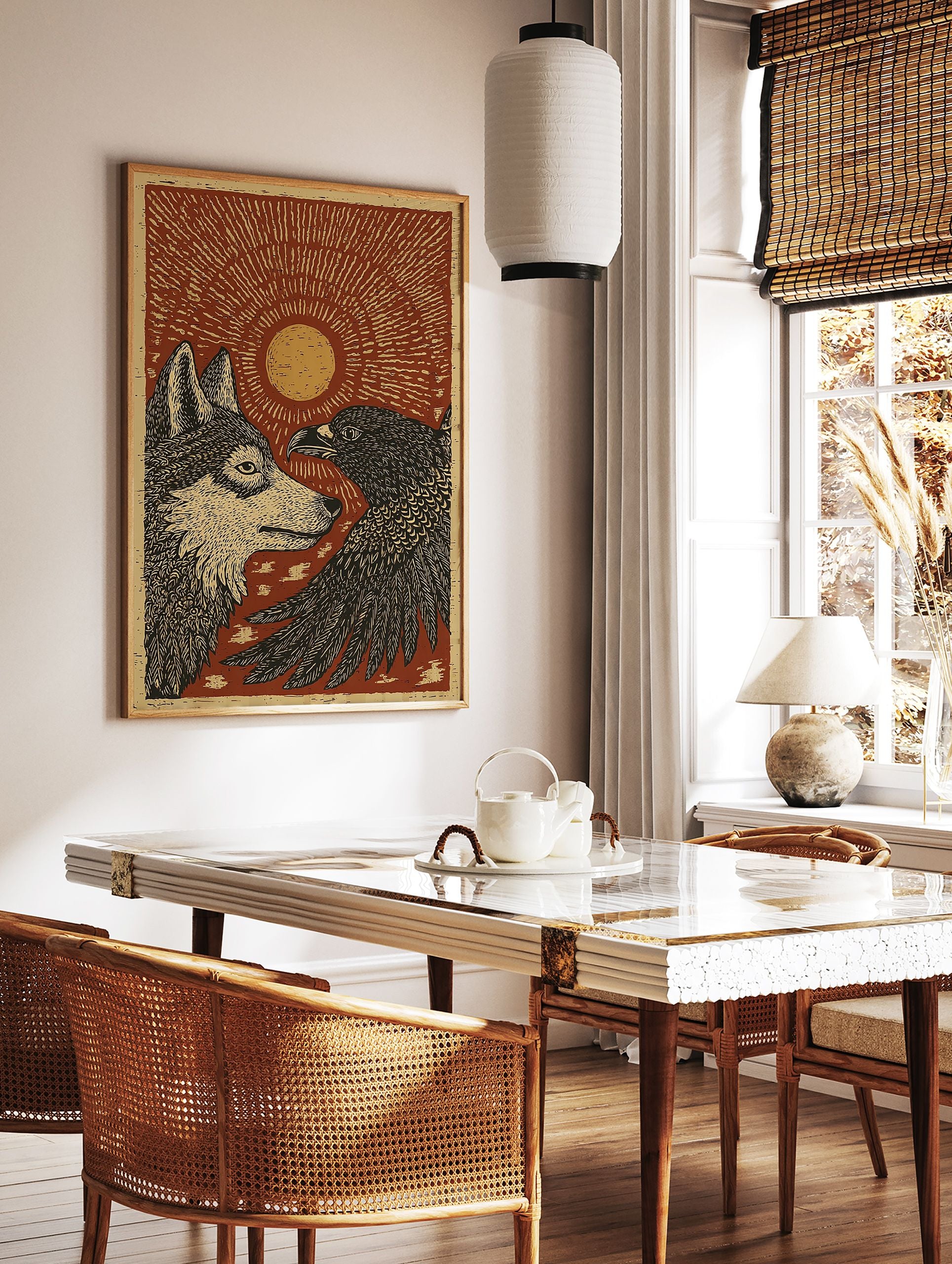 Wolf and Eagle poster with a sun in a rustic woodcut illustration style, featuring earthy red, gold, and black. - Image 2