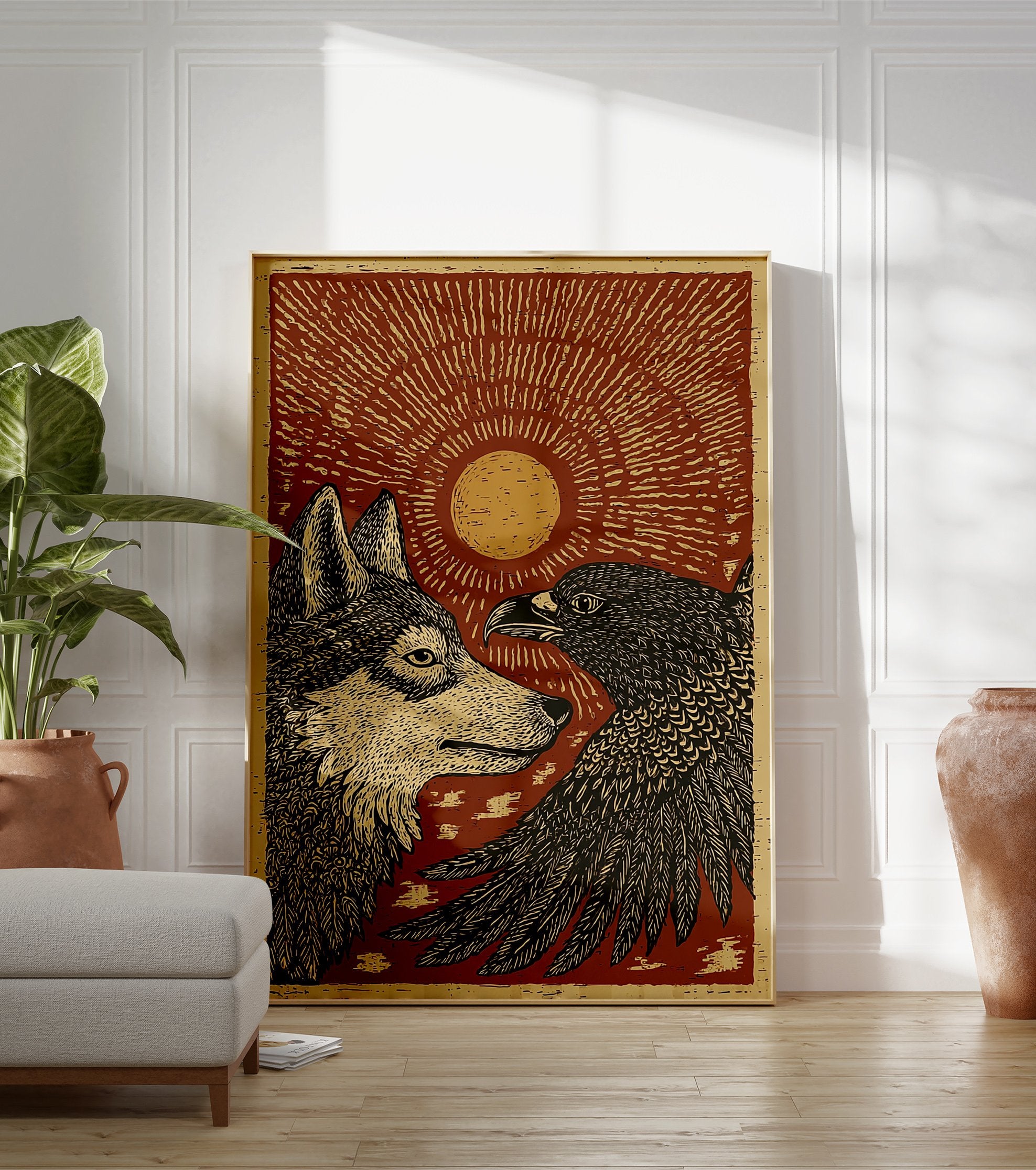 Wolf and Eagle poster with a sun in a rustic woodcut illustration style, featuring earthy red, gold, and black. - Image 3