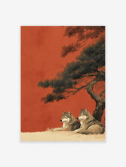 Japanese style wolf art print with two gray wolves under a pine tree against a rust orange background, illustrating wildlife.