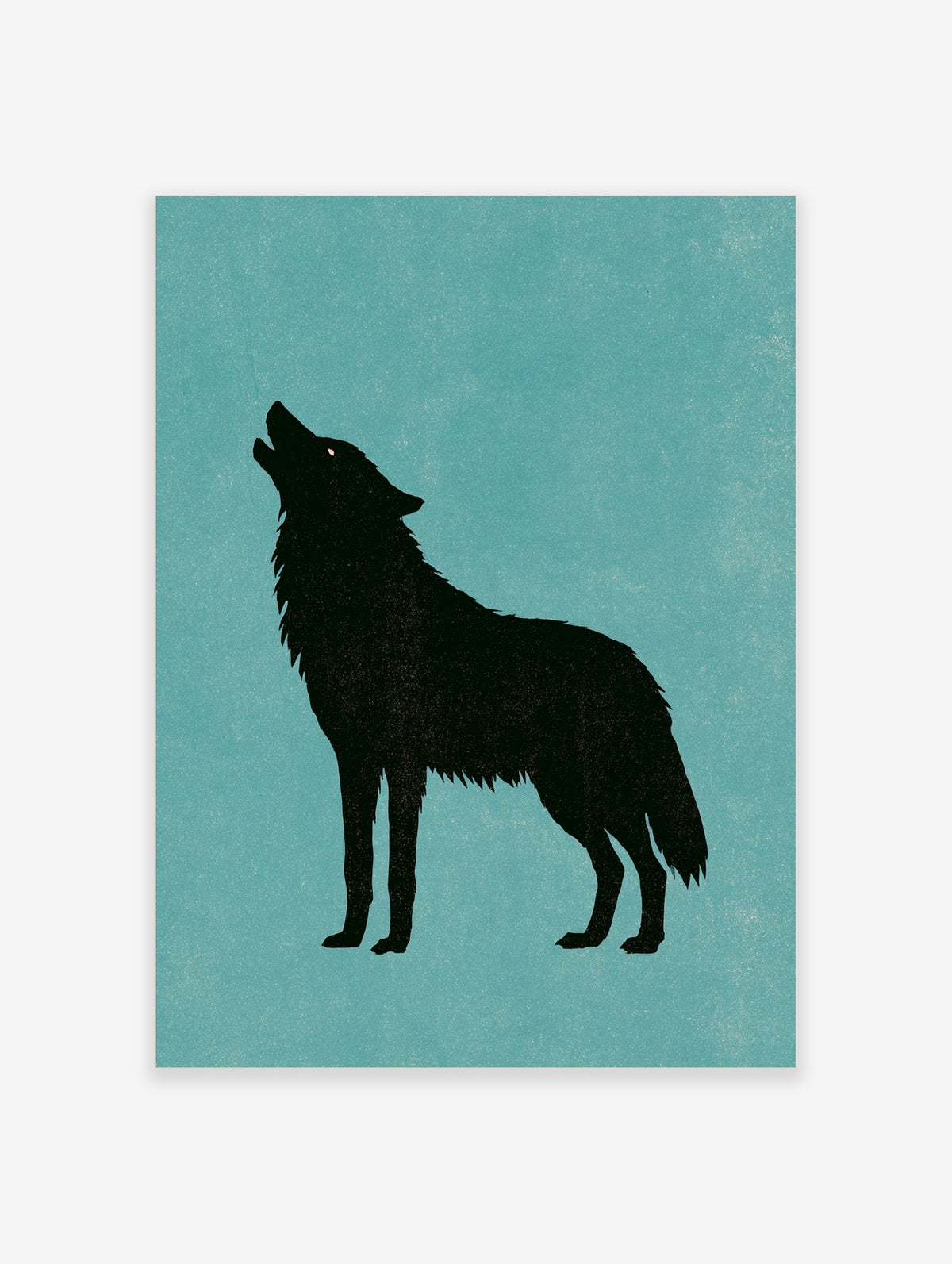 Black wolf silhouette howling against a textured teal background, animal poster print
