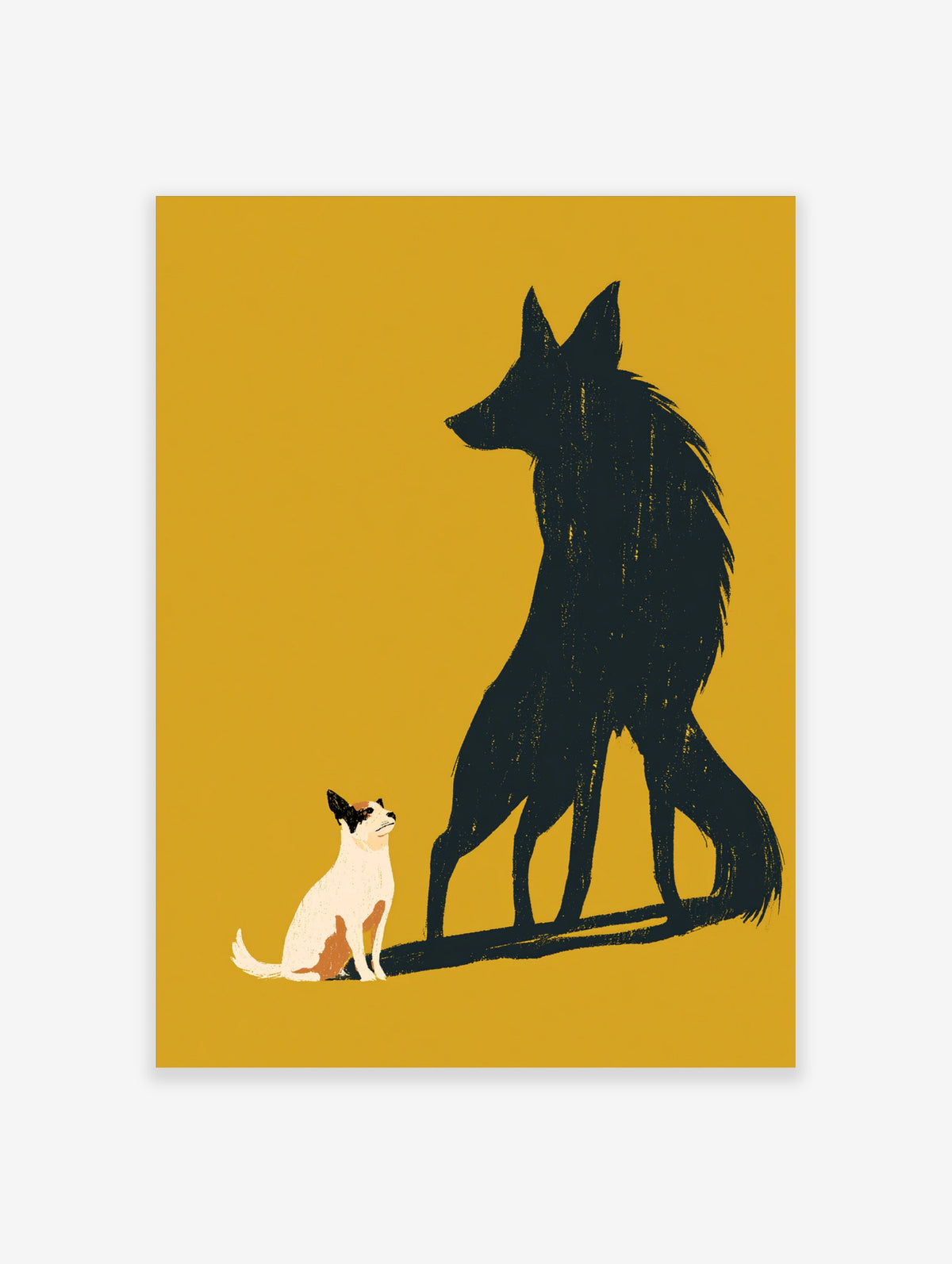 Small white dog sitting beside a large dark wolf shadow on a mustard yellow background art print