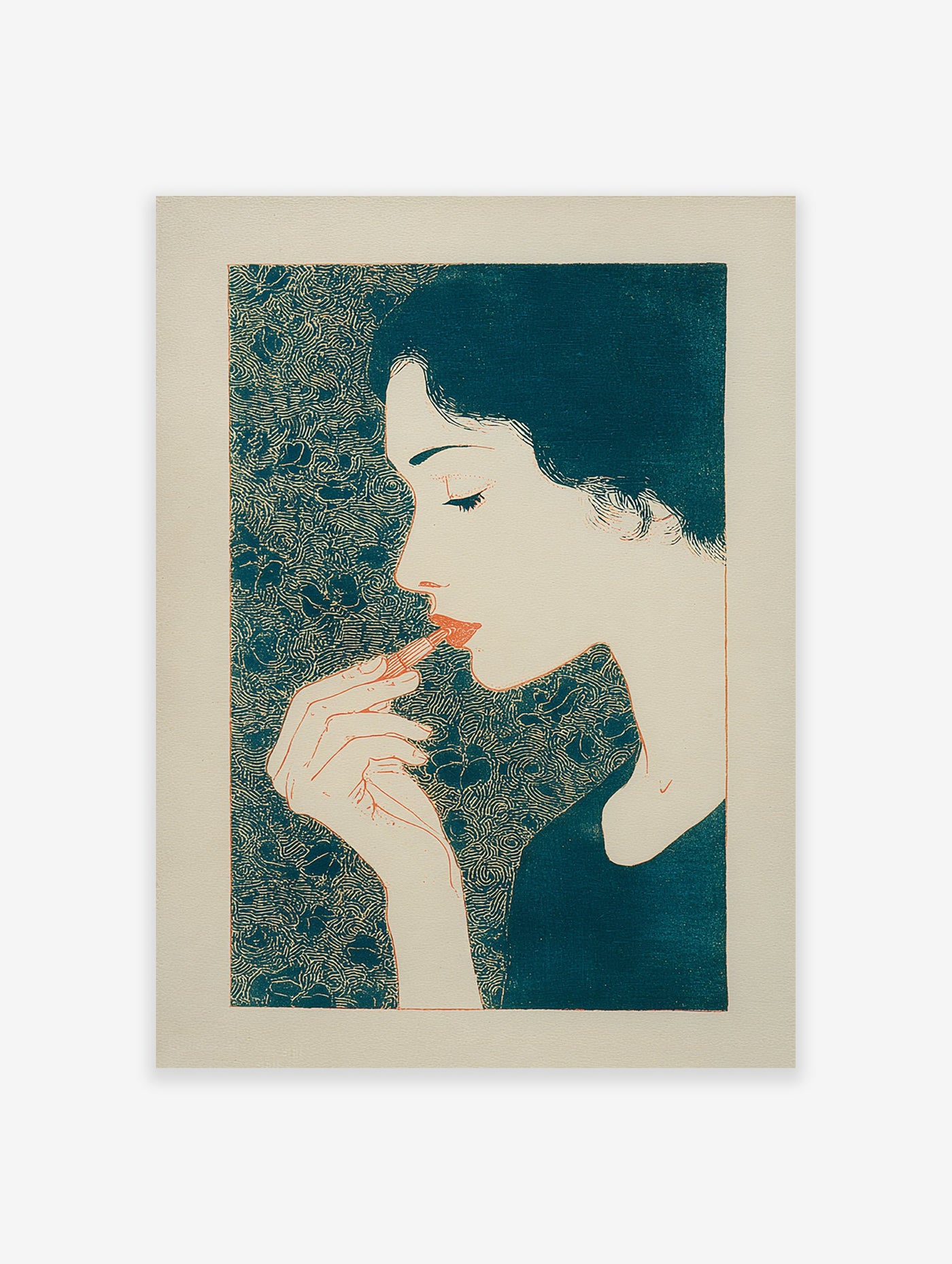 Stylized illustration of a woman applying lipstick with a teal patterned background, in an art print.