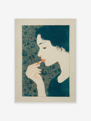 Stylized illustration of a woman applying lipstick with a teal patterned background, in an art print.