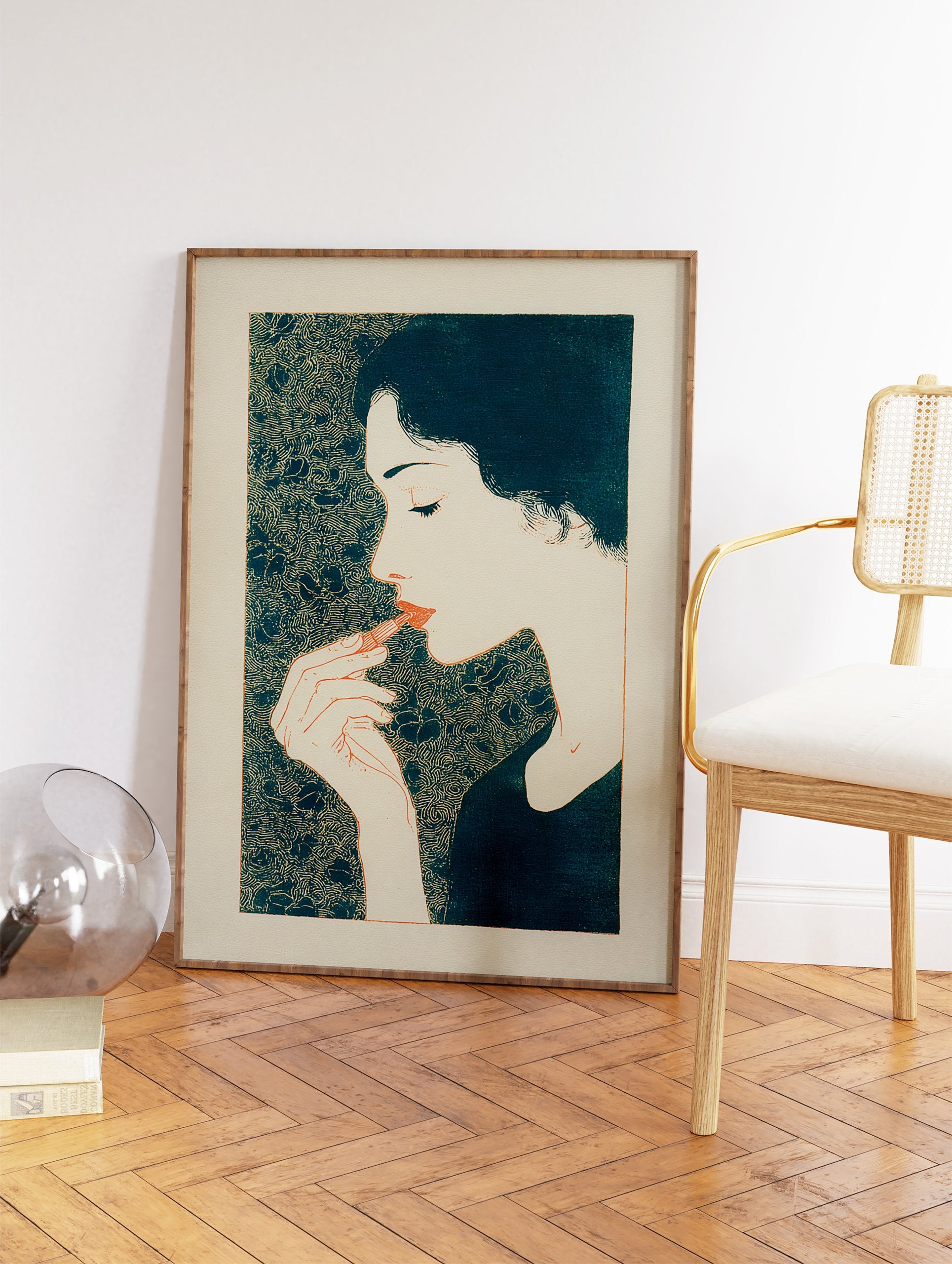 Stylized illustration of a woman applying lipstick with a teal patterned background, in an art print. - Image 2