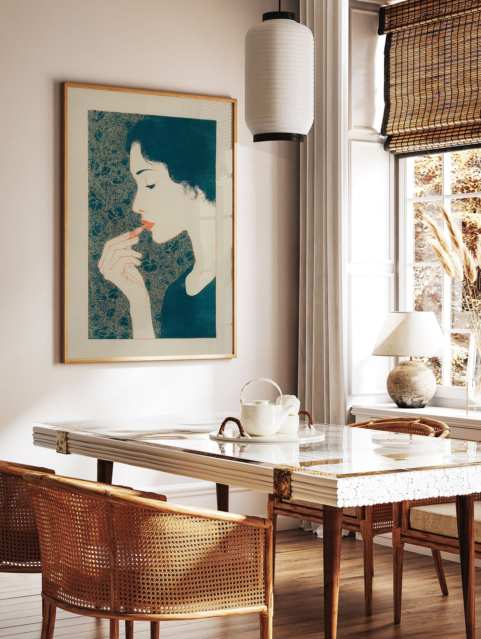 Stylized illustration of a woman applying lipstick with a teal patterned background, in an art print. - Image 3